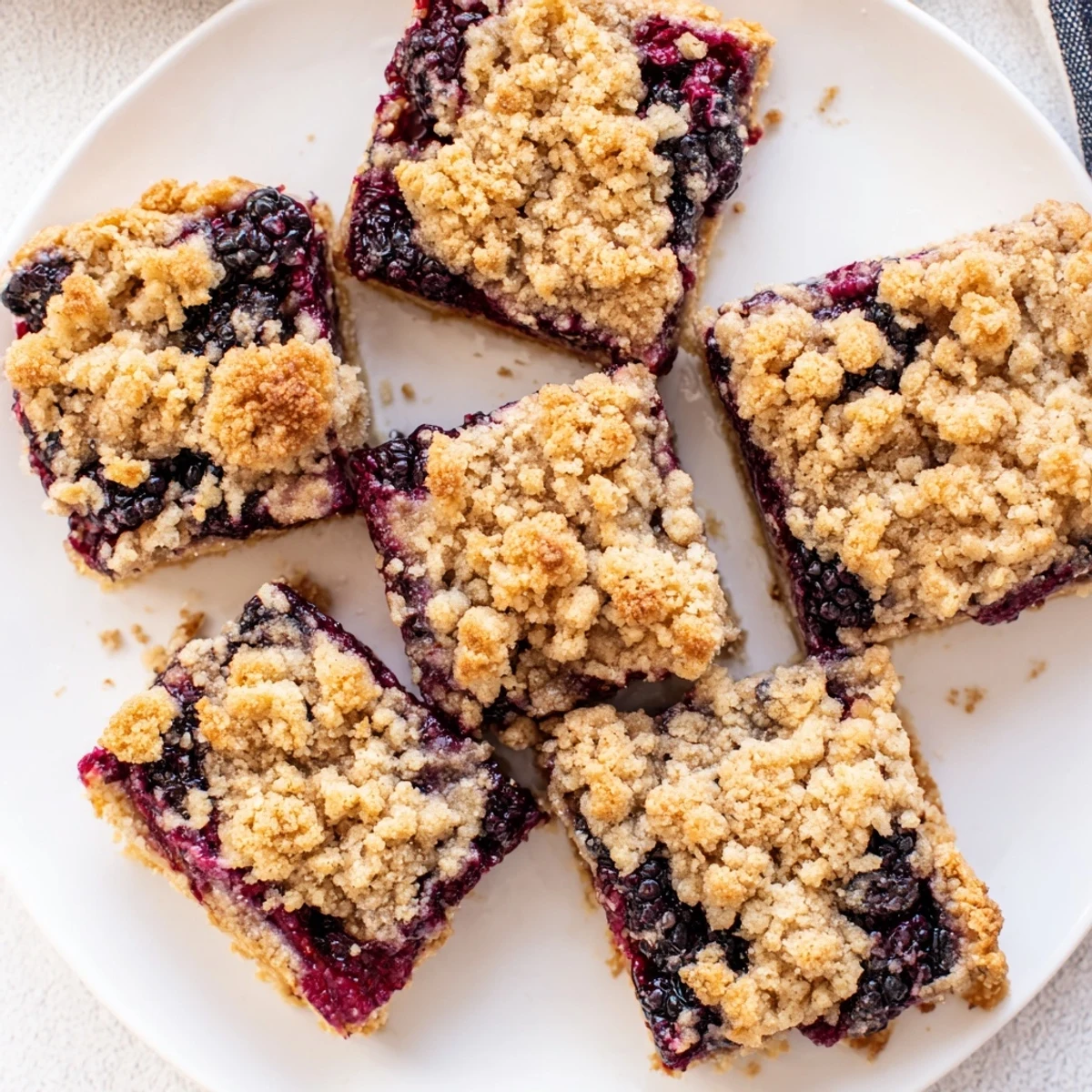 Baked blackberry crumble bars featuring a golden crust and sweet juicy fruit layer