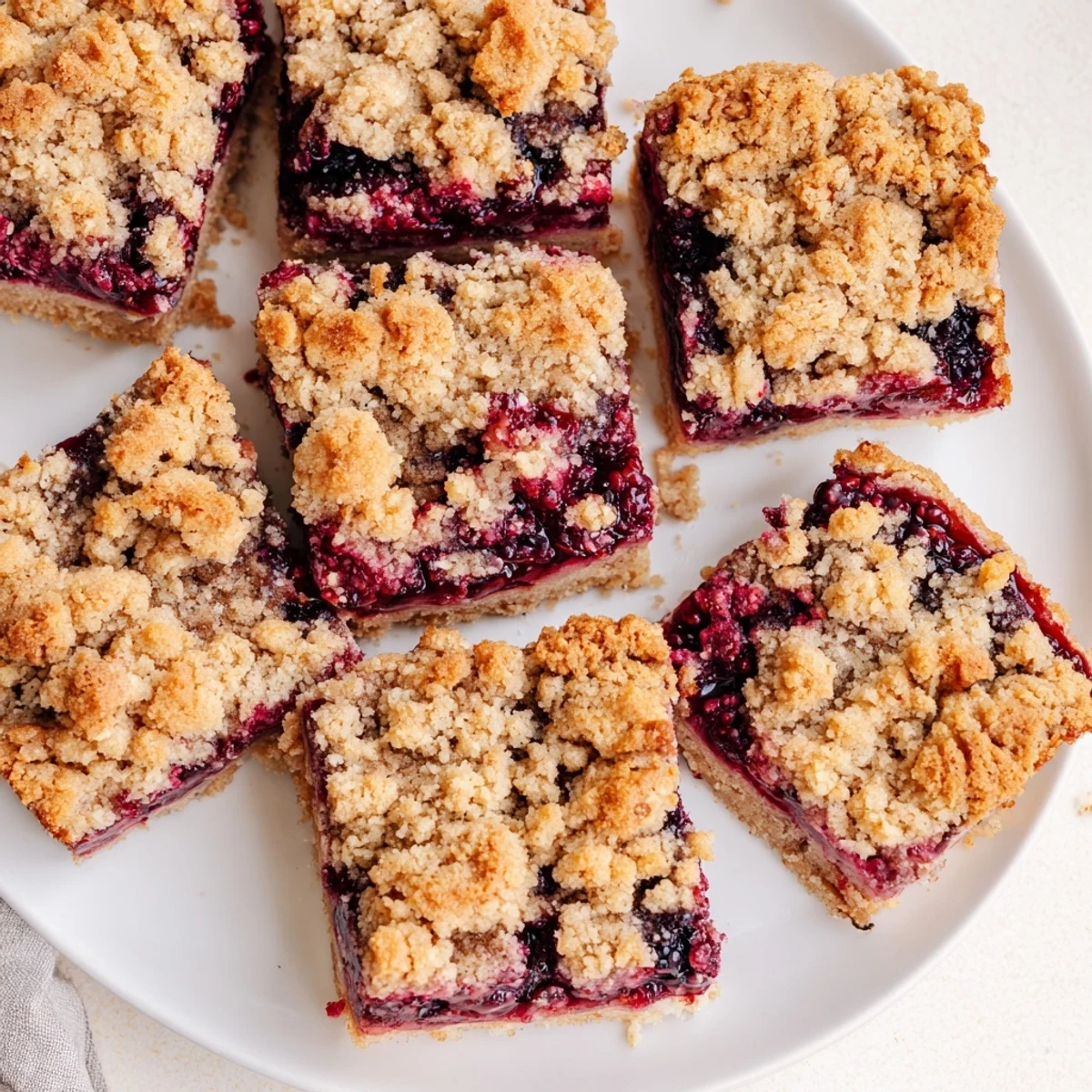 Tender homemade blackberry crumble bars sliced into squares on a white plate