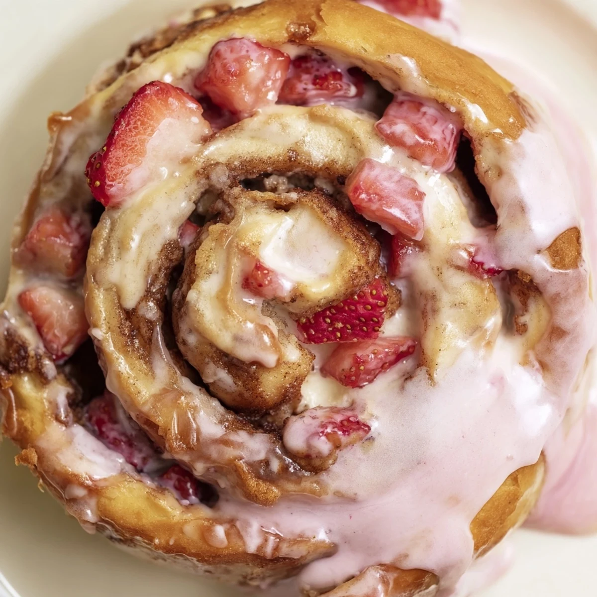 Golden strawberry cheesecake cinnamon rolls drizzled with sweet strawberry glaze on a white plate
