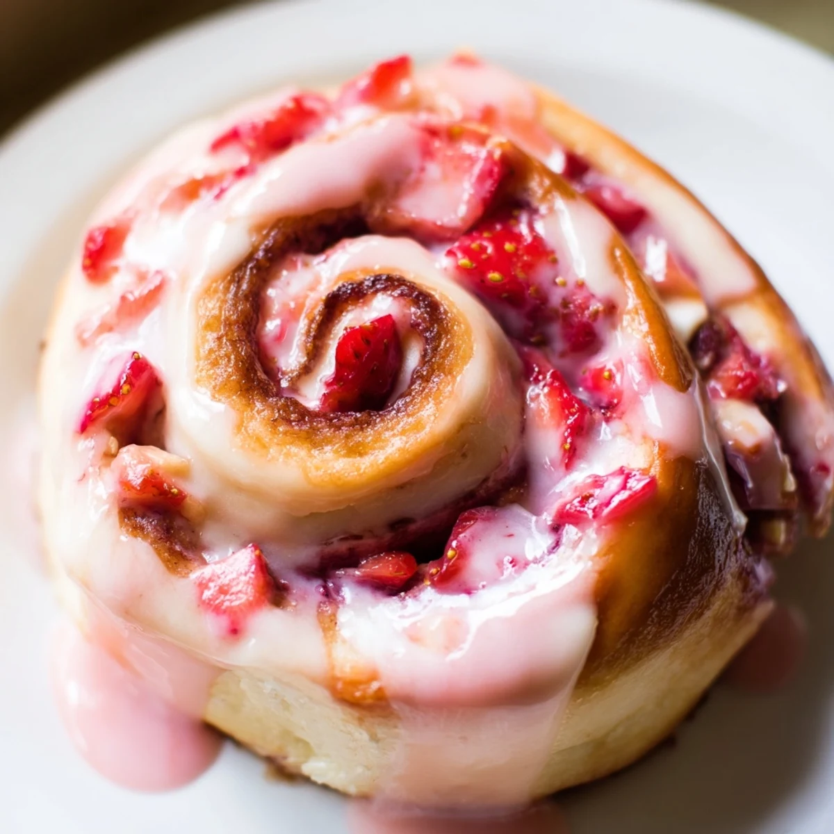 Fresh baked strawberry cheesecake Cinnabon rolls spiraled with creamy filling and juicy red strawberries