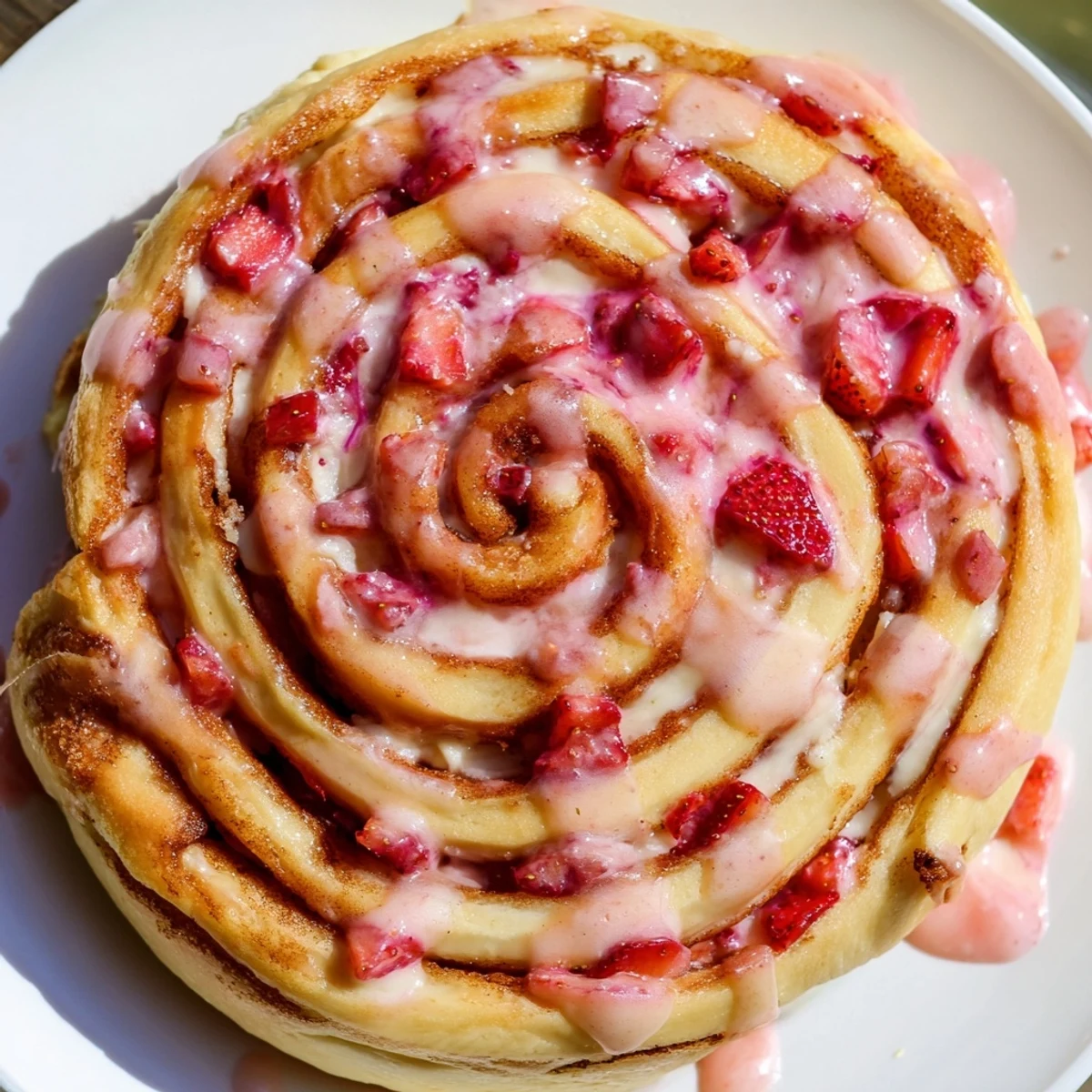 Warm strawberry cheesecake cinnamon rolls topped with pink glaze and fresh berry pieces