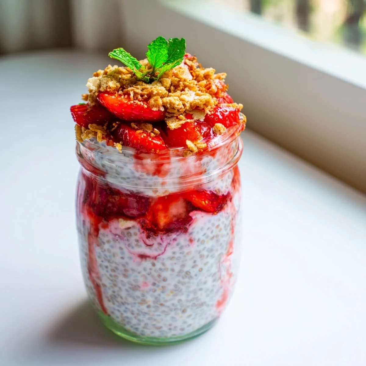 Glass jar showing layered strawberry cheesecake chia pudding with fresh strawberry slices and mint garnish
