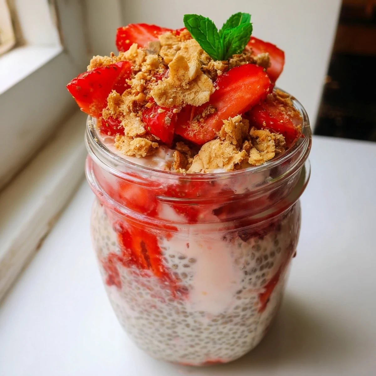 Creamy chia pudding layered with tangy cheesecake filling and sweet strawberry compote in clear serving glasses