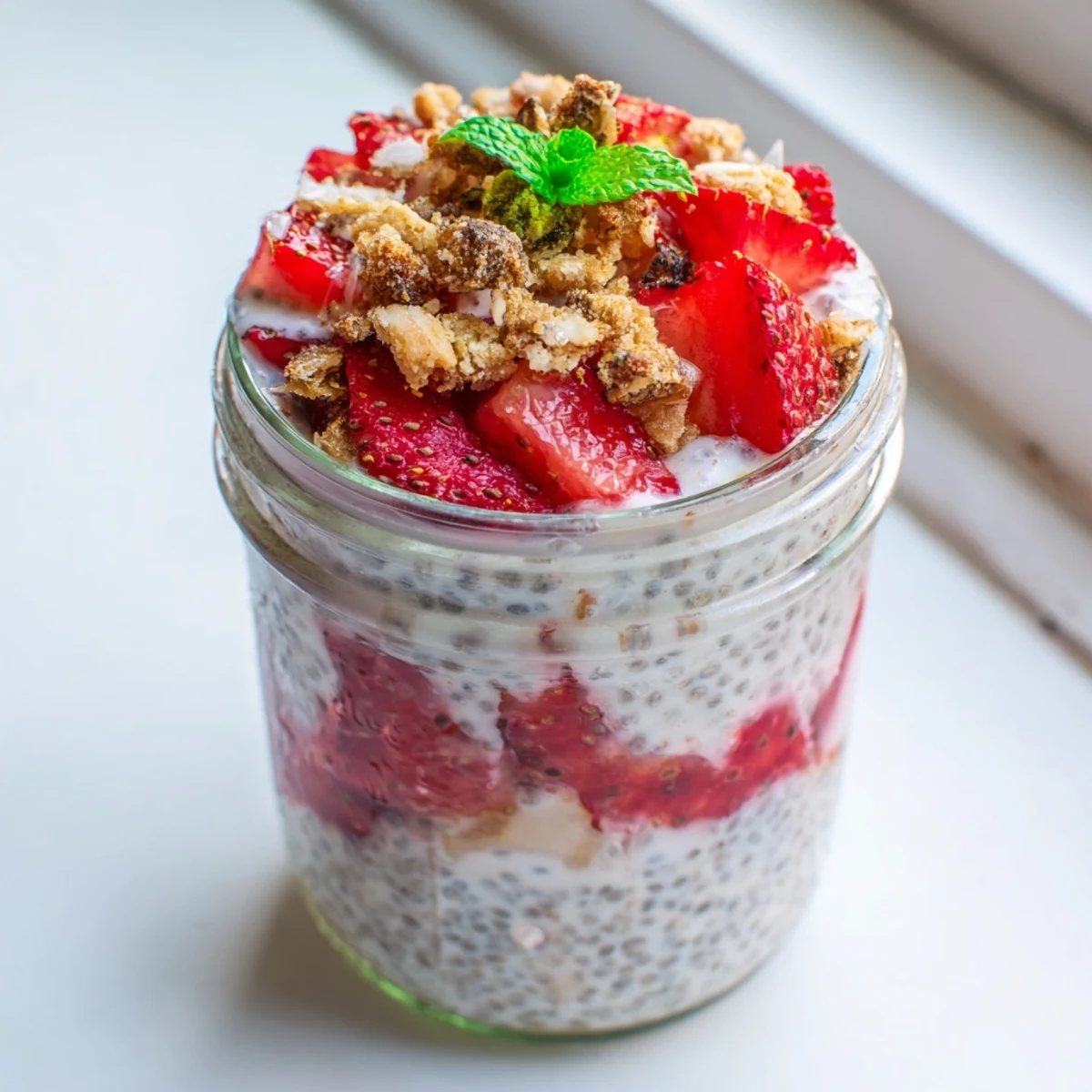 Parfait of strawberry cheesecake chia pudding topped with graham cracker crumbs and fresh berries