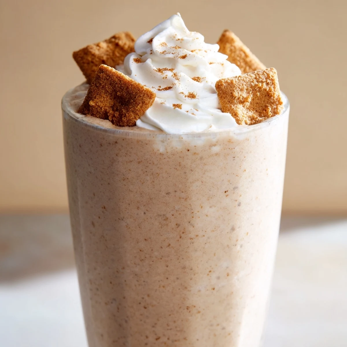 Creamy Cinnamon Toast Crunch frappe topped with whipped cream and cereal garnish in a tall glass