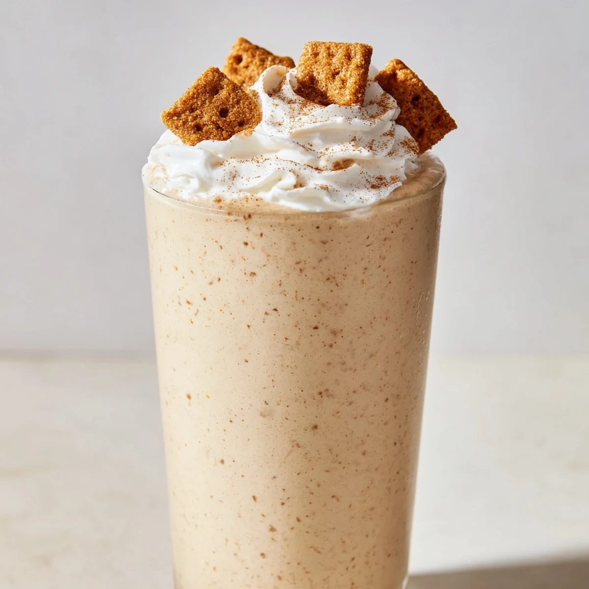 Homemade cinnamon frappe garnished with crunchy cereal pieces and fluffy whipped cream topping