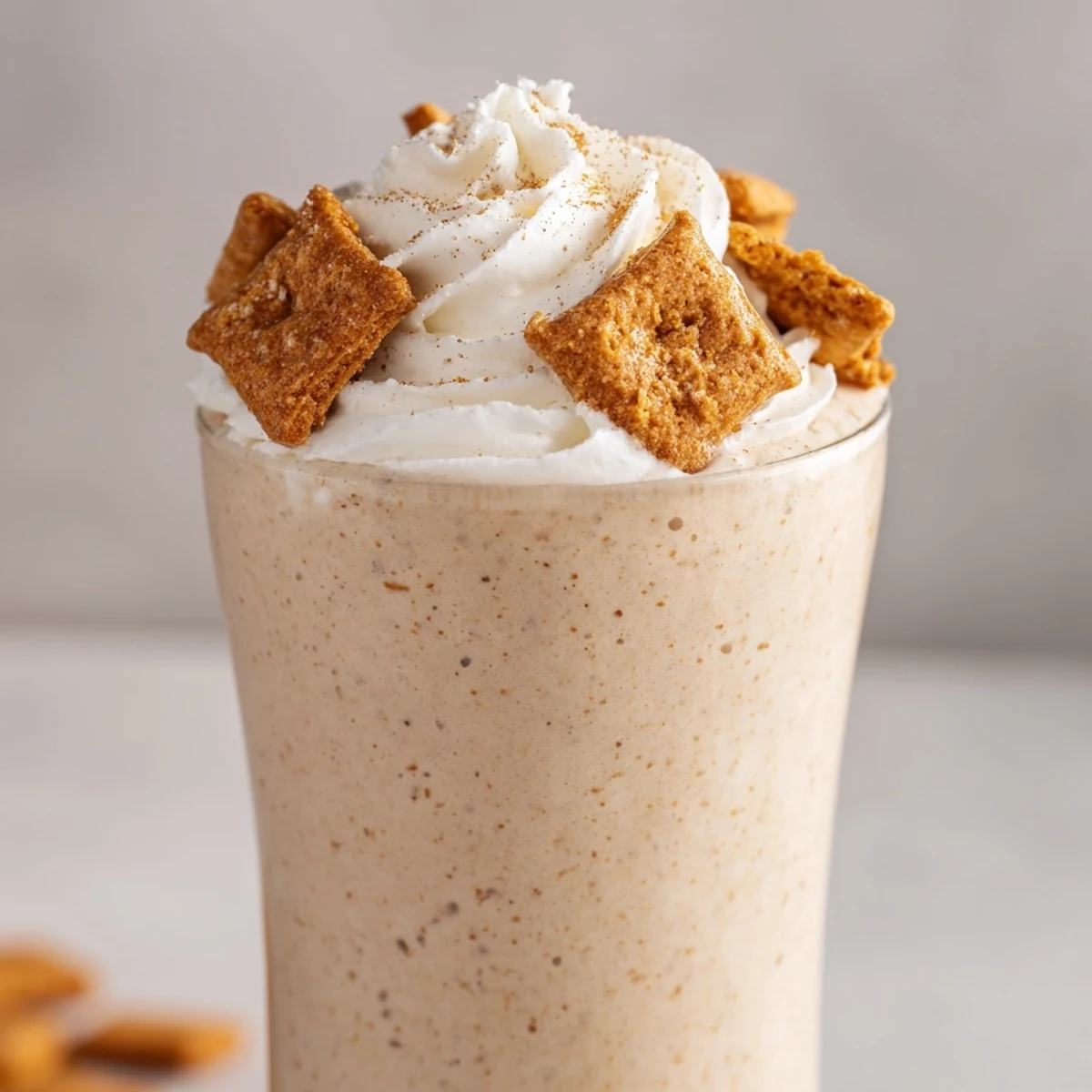 Frosty blended coffee drink with cinnamon cereal pieces swirling through the thick icy beverage
