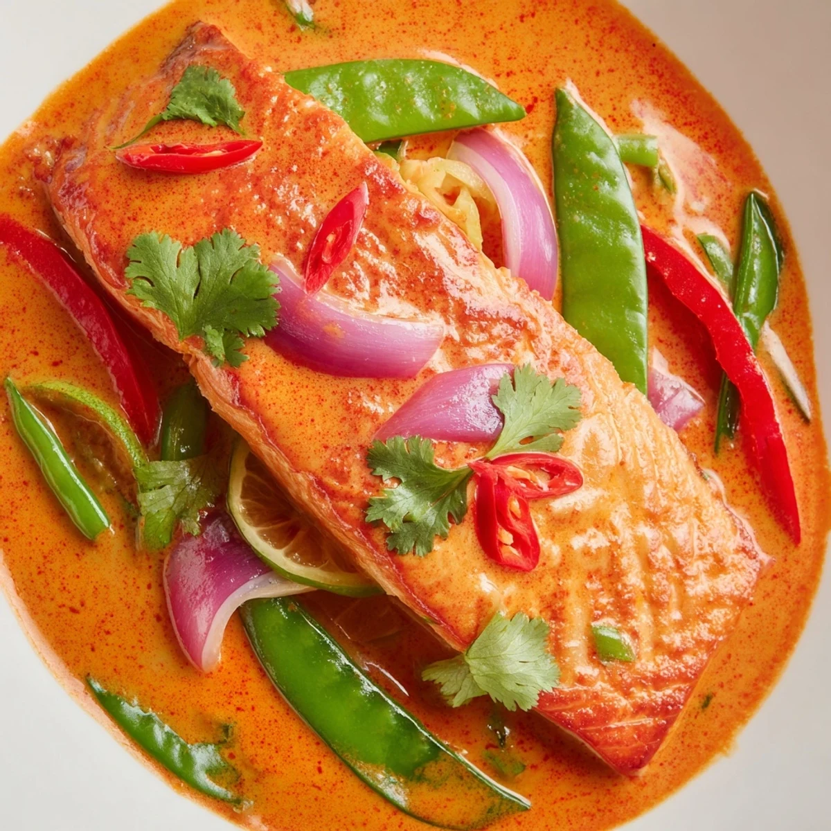 Golden pan-seared salmon fillets simmered in creamy red curry coconut sauce with vibrant bell peppers and fresh coriander garnish