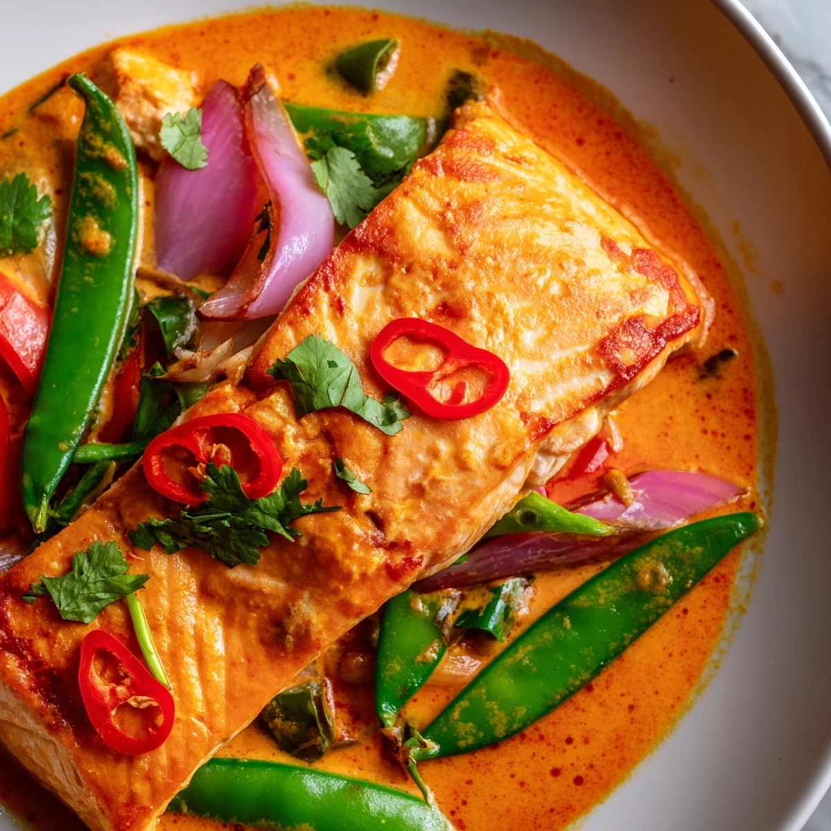 Tender Red Curry Coconut and Coriander Salmon nestled in aromatic Thai-spiced sauce with crisp snap peas and red onion slices