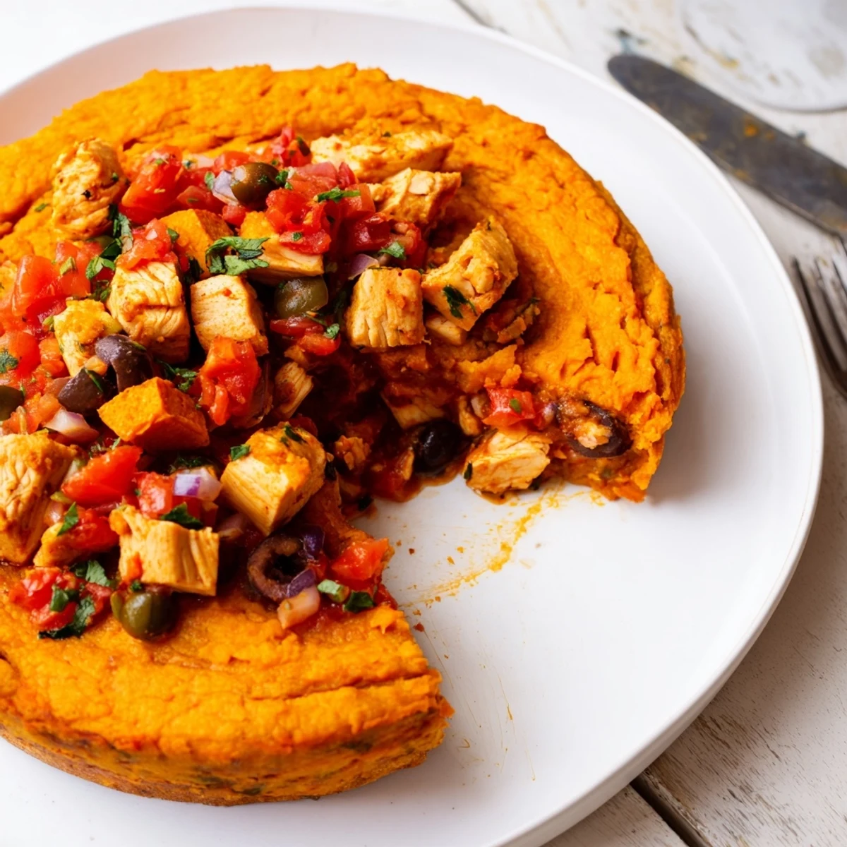 Golden-crusted sweet potato and chicken pie topped with vibrant tomato olive salsa on a white plate