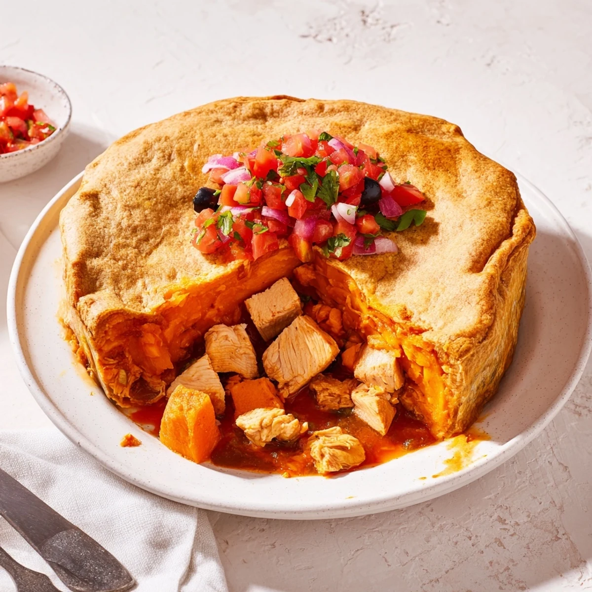Savory Mediterranean-style chicken and sweet potato pie served with fresh zesty tomato olive salsa garnish