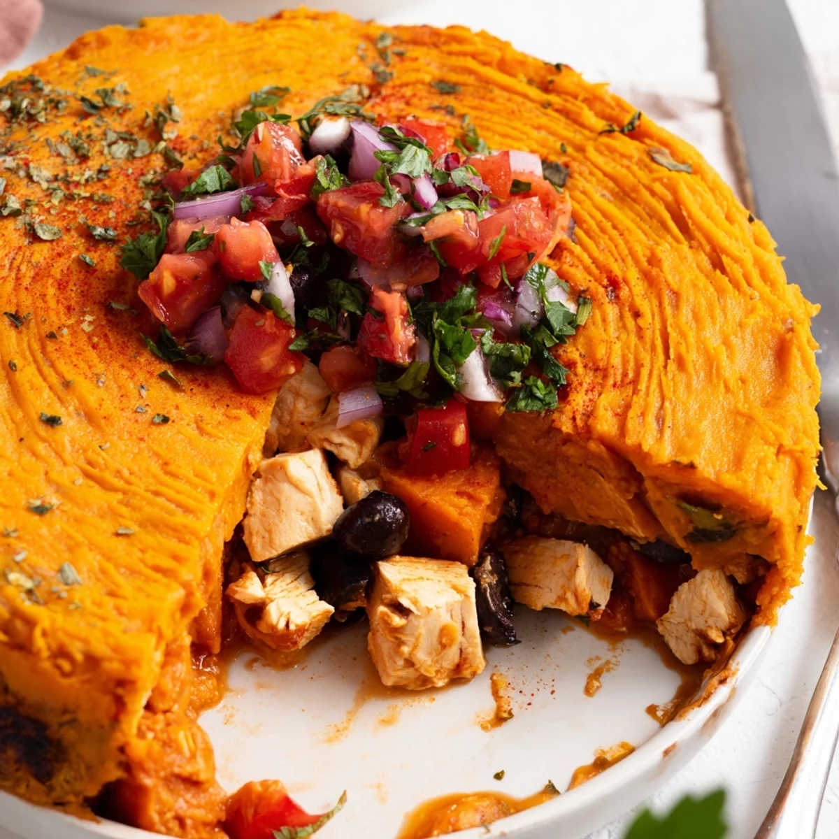 Homemade pie filled with tender chicken sweet potato chunks beneath a flaky golden crust with salsa