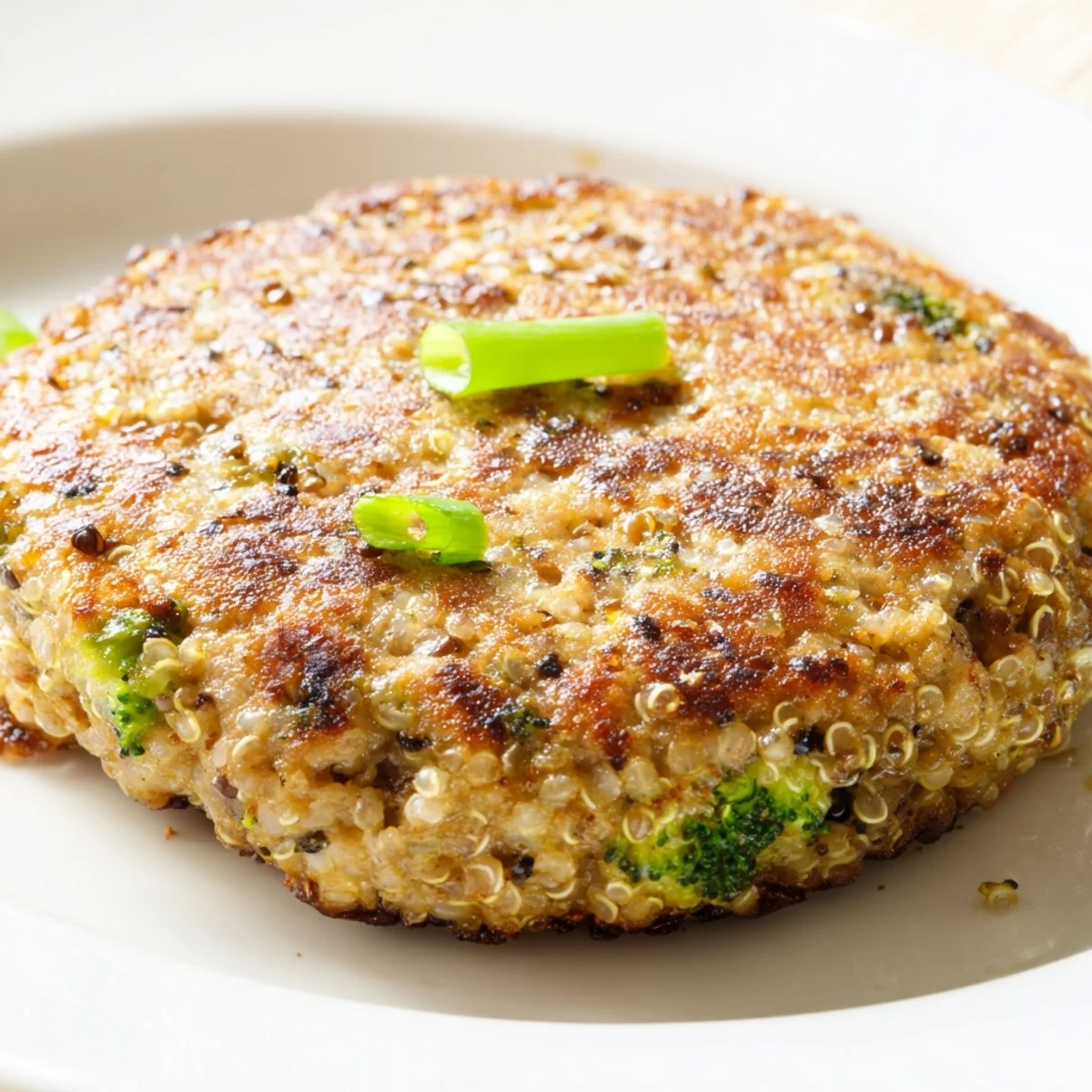 Golden brown turkey broccoli and quinoa burgers pan-fried to perfection on a skillet