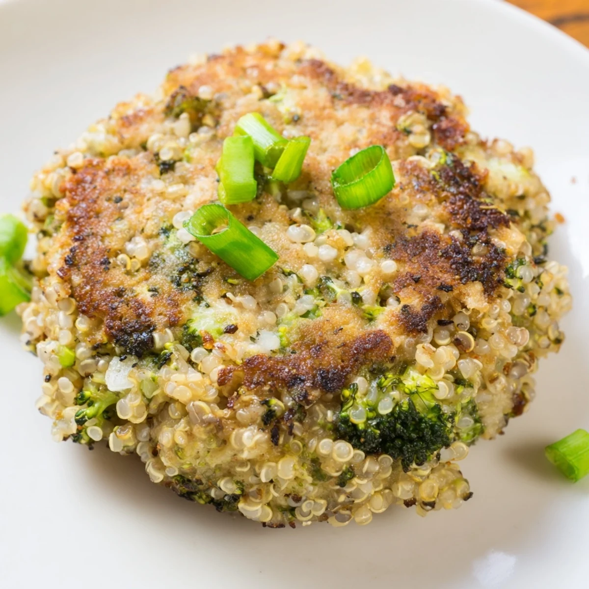 Healthy turkey burgers featuring green broccoli pieces and fluffy quinoa on a white plate
