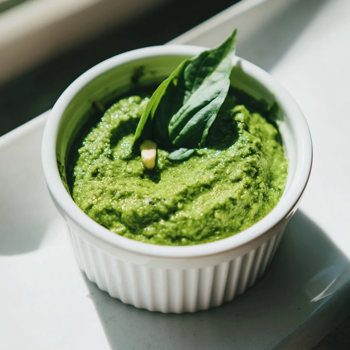 Vibrant Thai basil pesto swirled over white rice noodles with fresh cilantro garnish