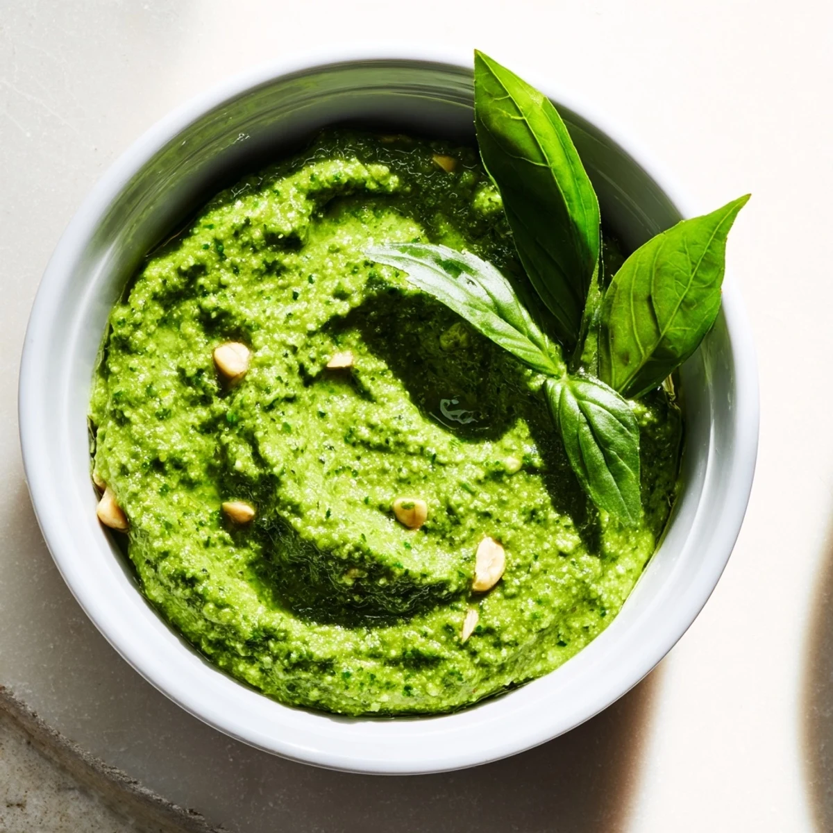 Creamy Thai basil pesto sauce drizzled generously over grilled chicken breast on plate