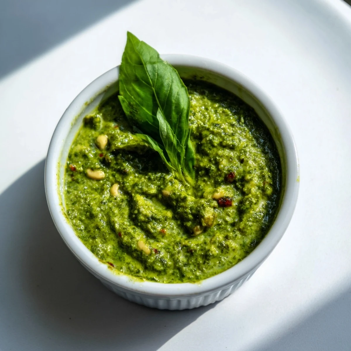 Rich green Thai basil pesto served in rustic wooden bowl with crusty bread slices