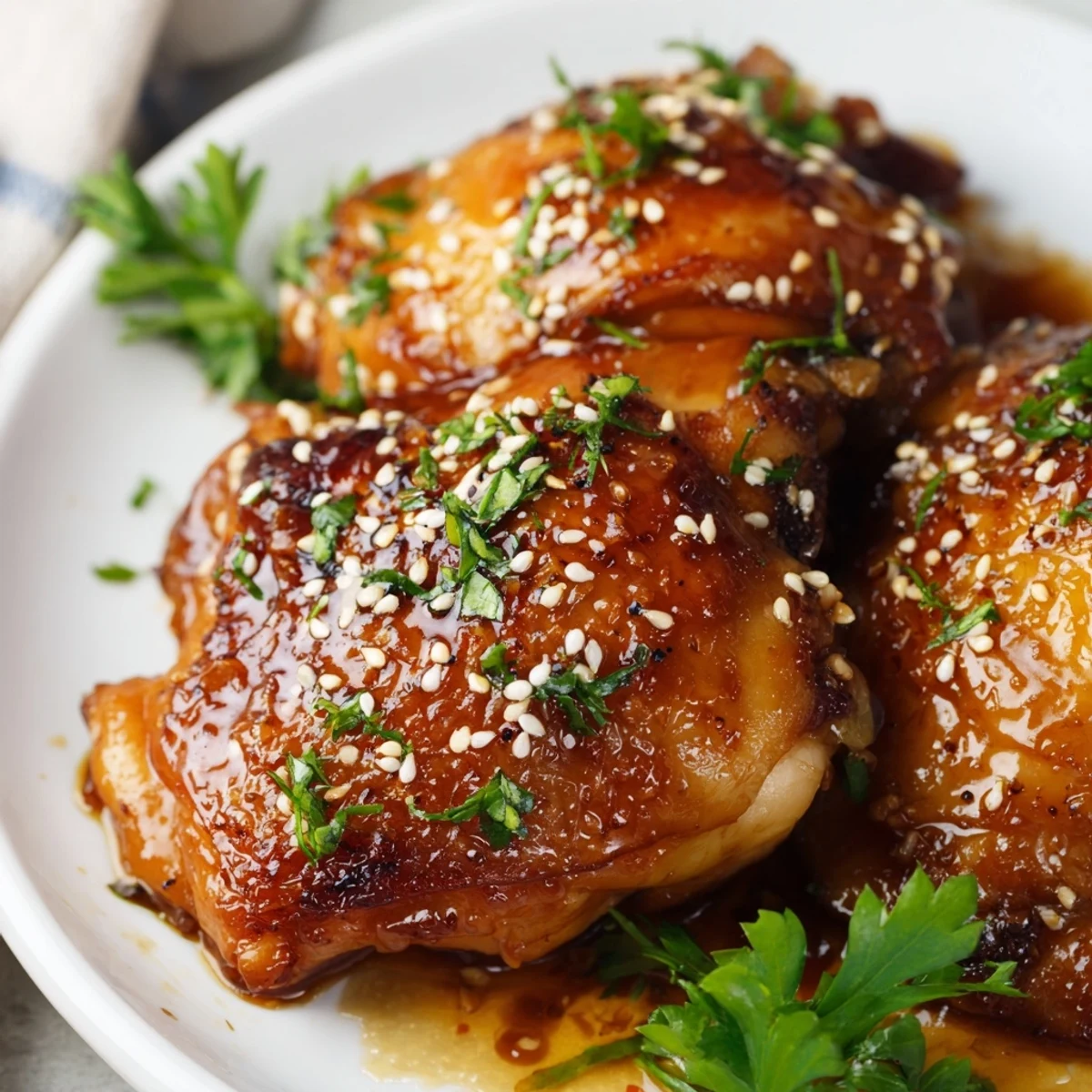 Golden glazed chicken thighs coated in sticky honey garlic sauce beside caramelized roasted sweet potato cubes