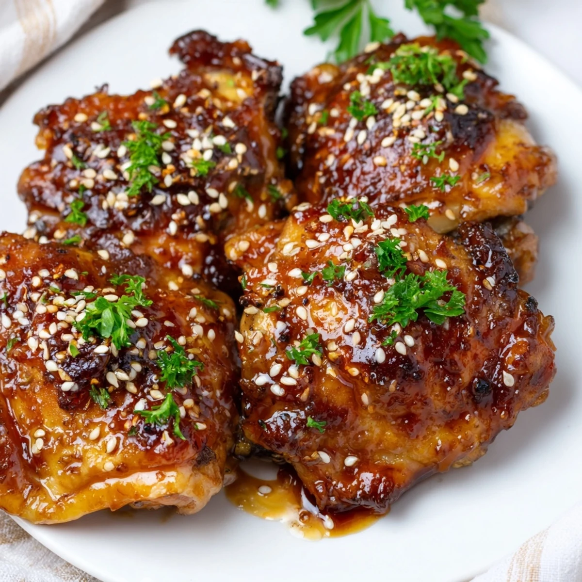 One pan honey garlic chicken with roasted sweet potatoes garnished with fresh parsley and sesame seeds