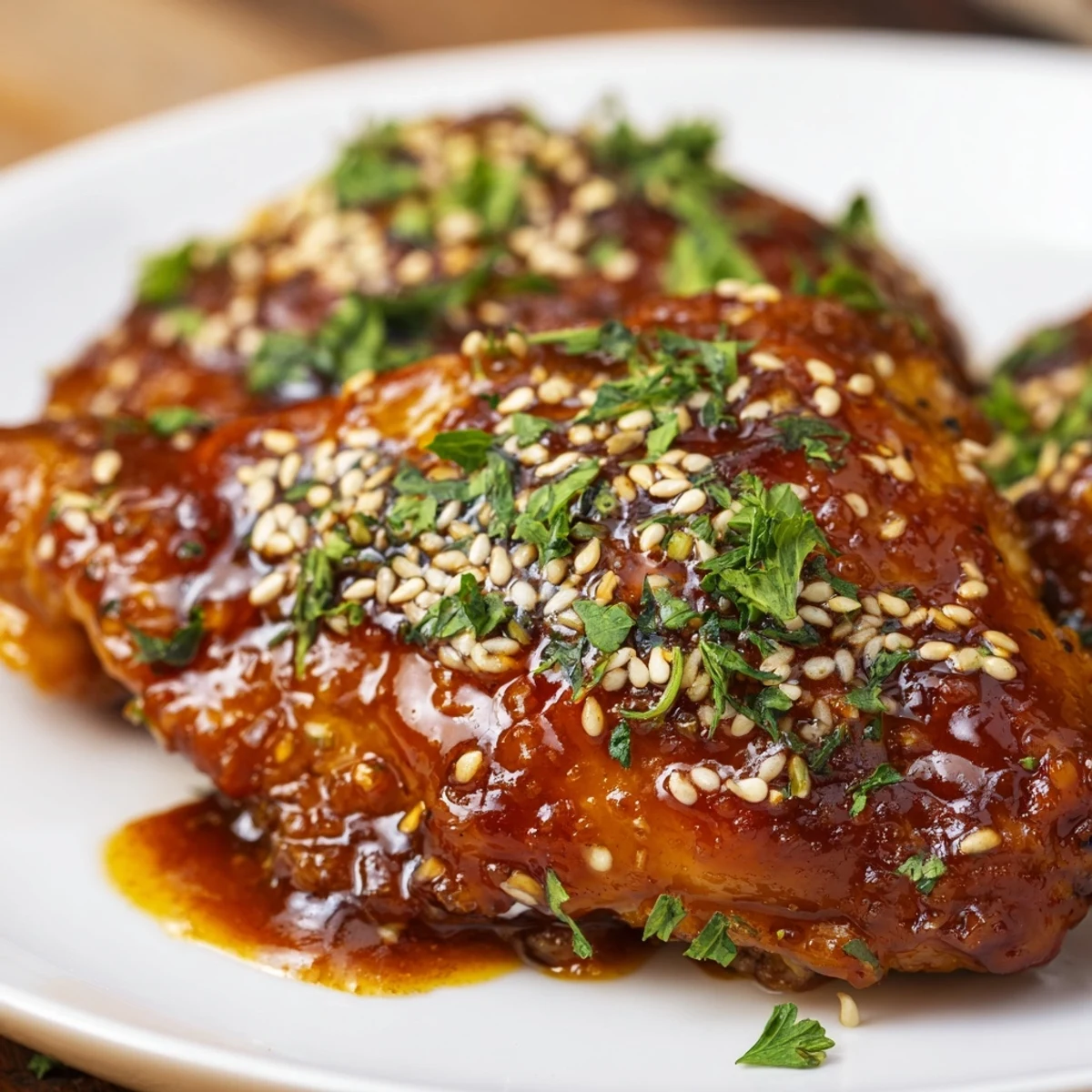 Tender baked chicken thighs brushed with sweet honey garlic glaze served with crispy seasoned sweet potatoes