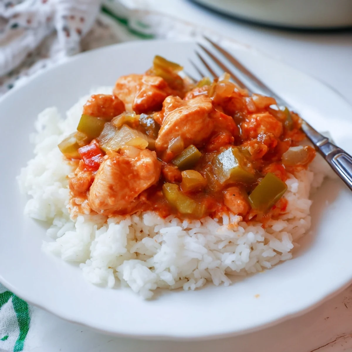 Golden chicken thighs simmered in rich tomato-based Creole sauce over fluffy white rice