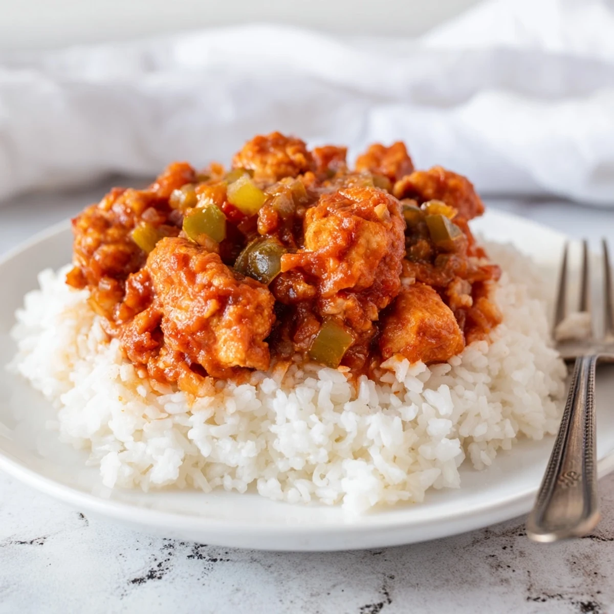Bubbling pot of tender Louisiana chicken stew with colorful bell peppers and aromatic herbs