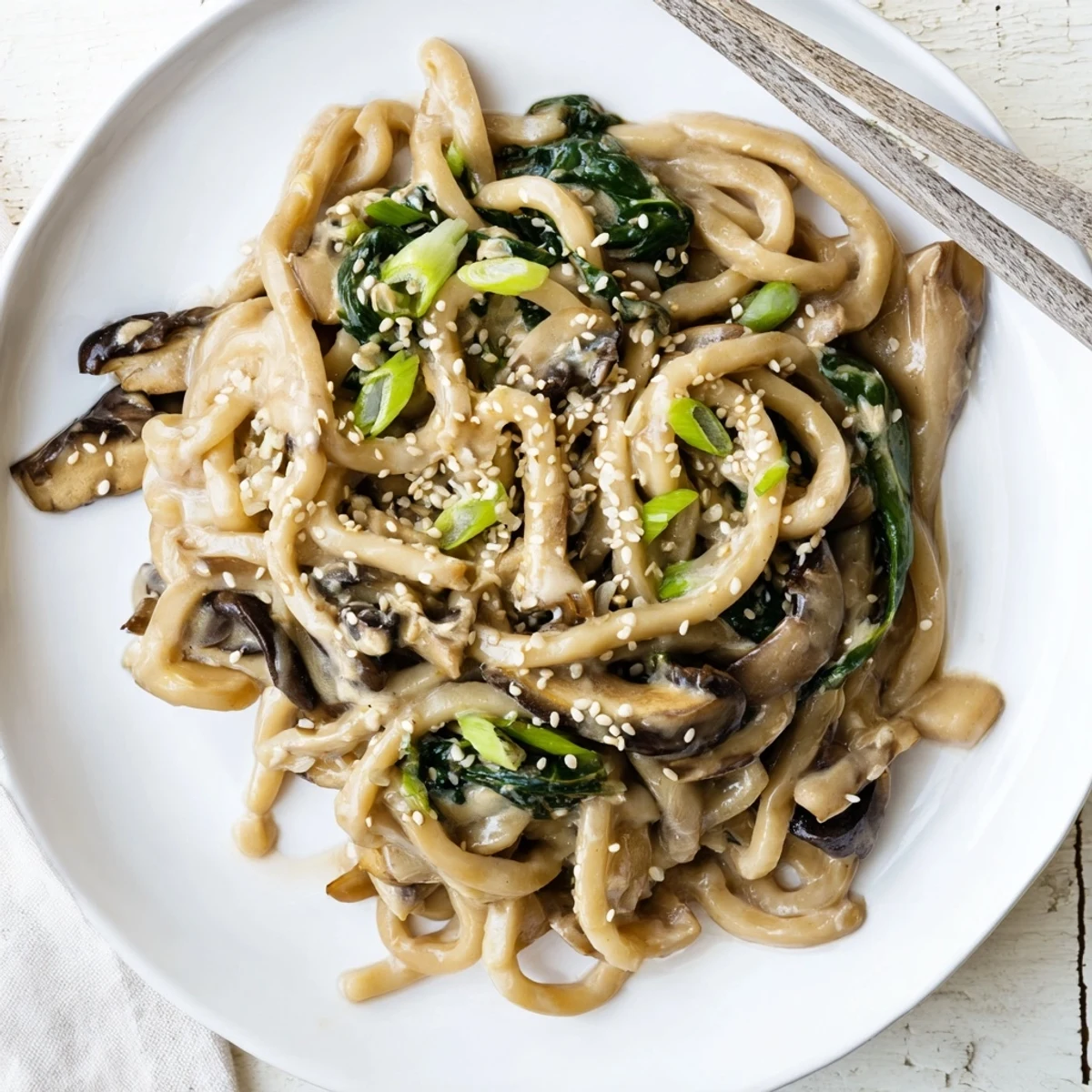 Creamy miso udon noodles coated in rich white sauce with fresh green onions and sesame seeds