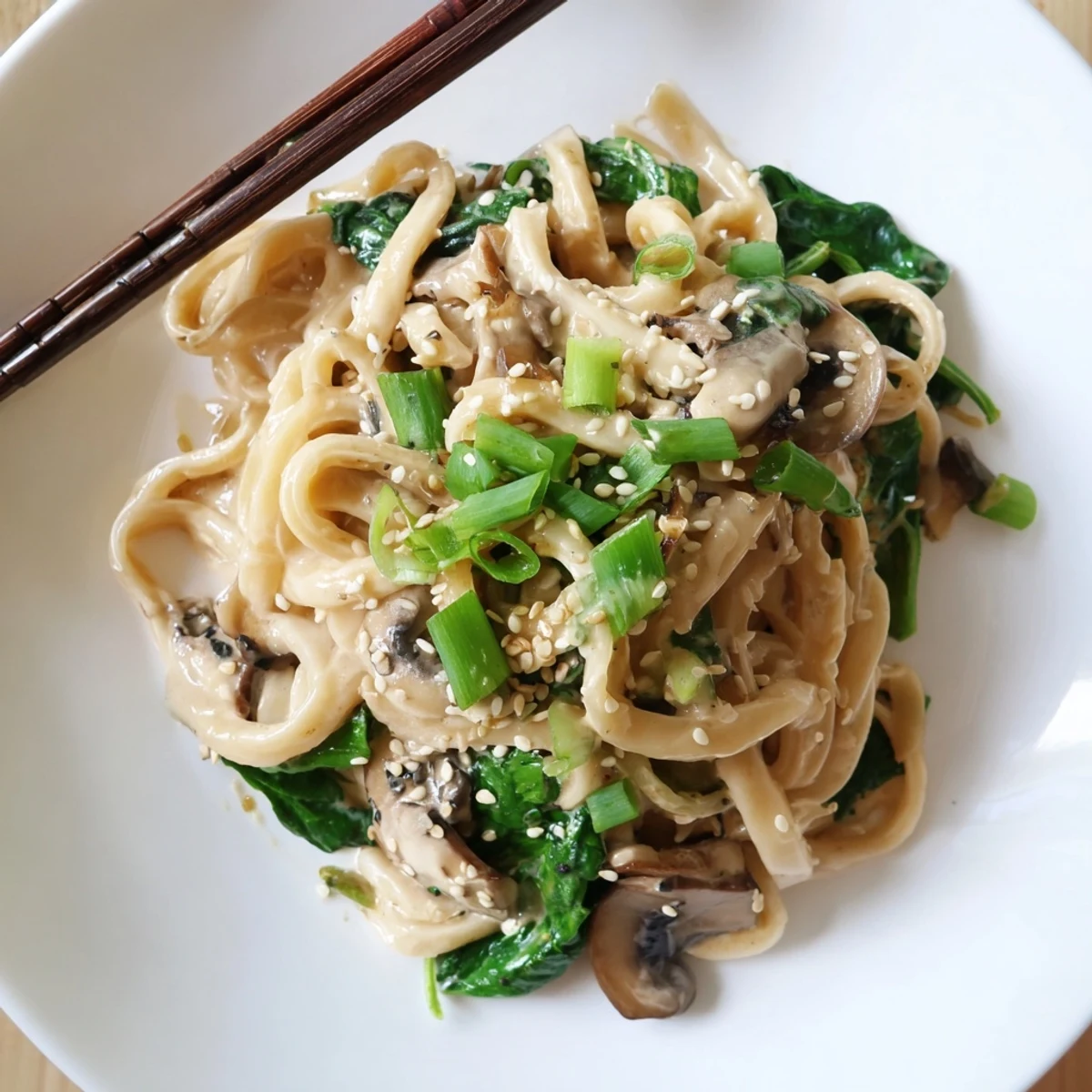 Japanese-style creamy miso udon bowl featuring tender noodles in velvety umami sauce topped with vibrant green garnish