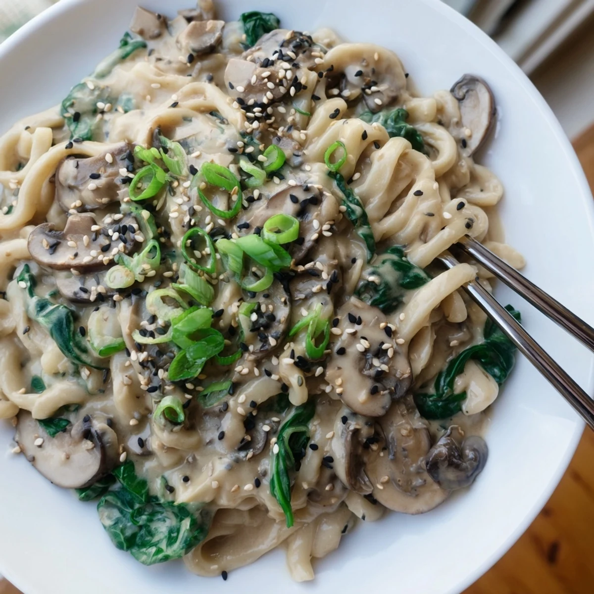 Thick chewy udon noodles swimming in savory miso cream sauce with sliced shiitake mushrooms and baby spinach