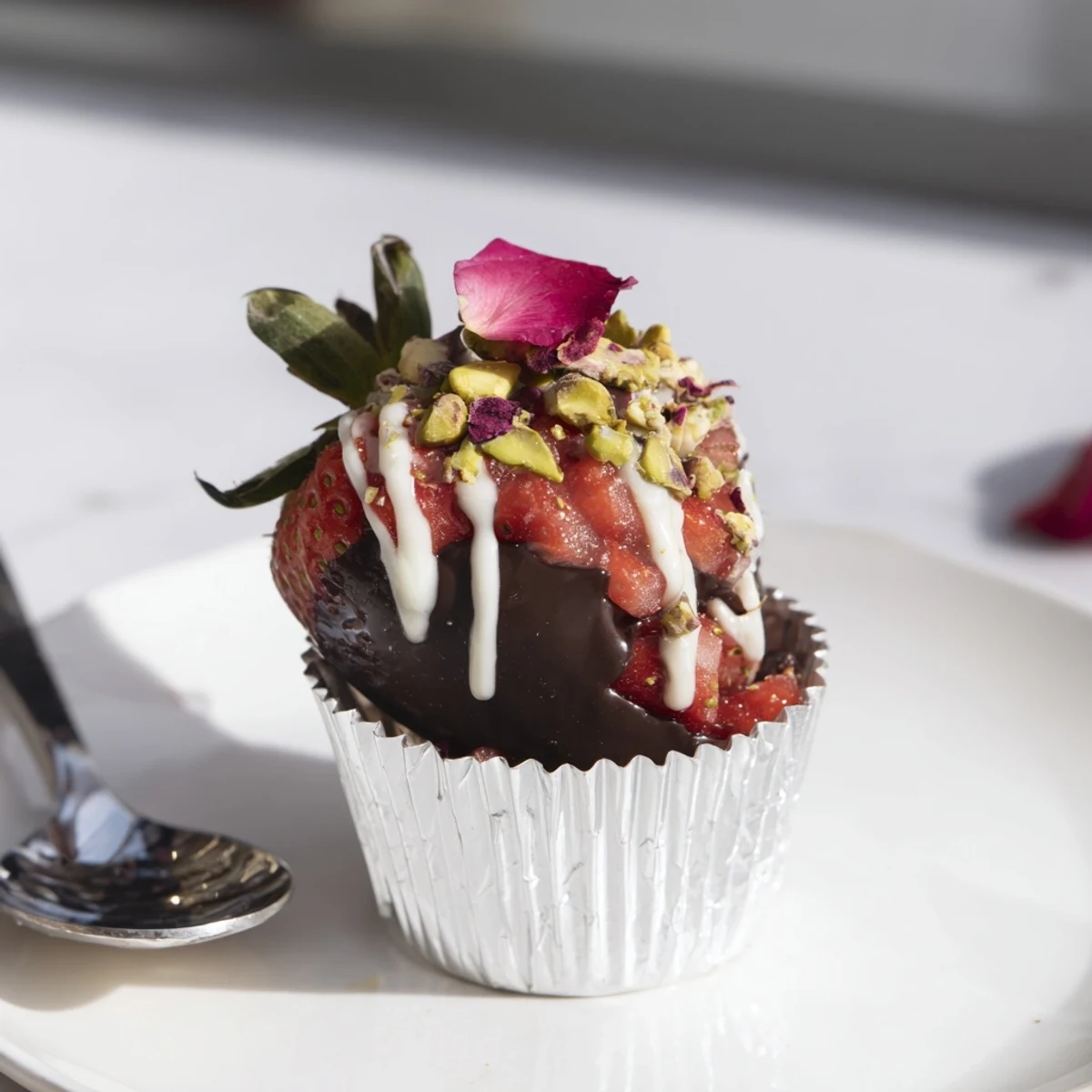 Decadent Dubai chocolate covered strawberry cups topped with pistachios and rose petals