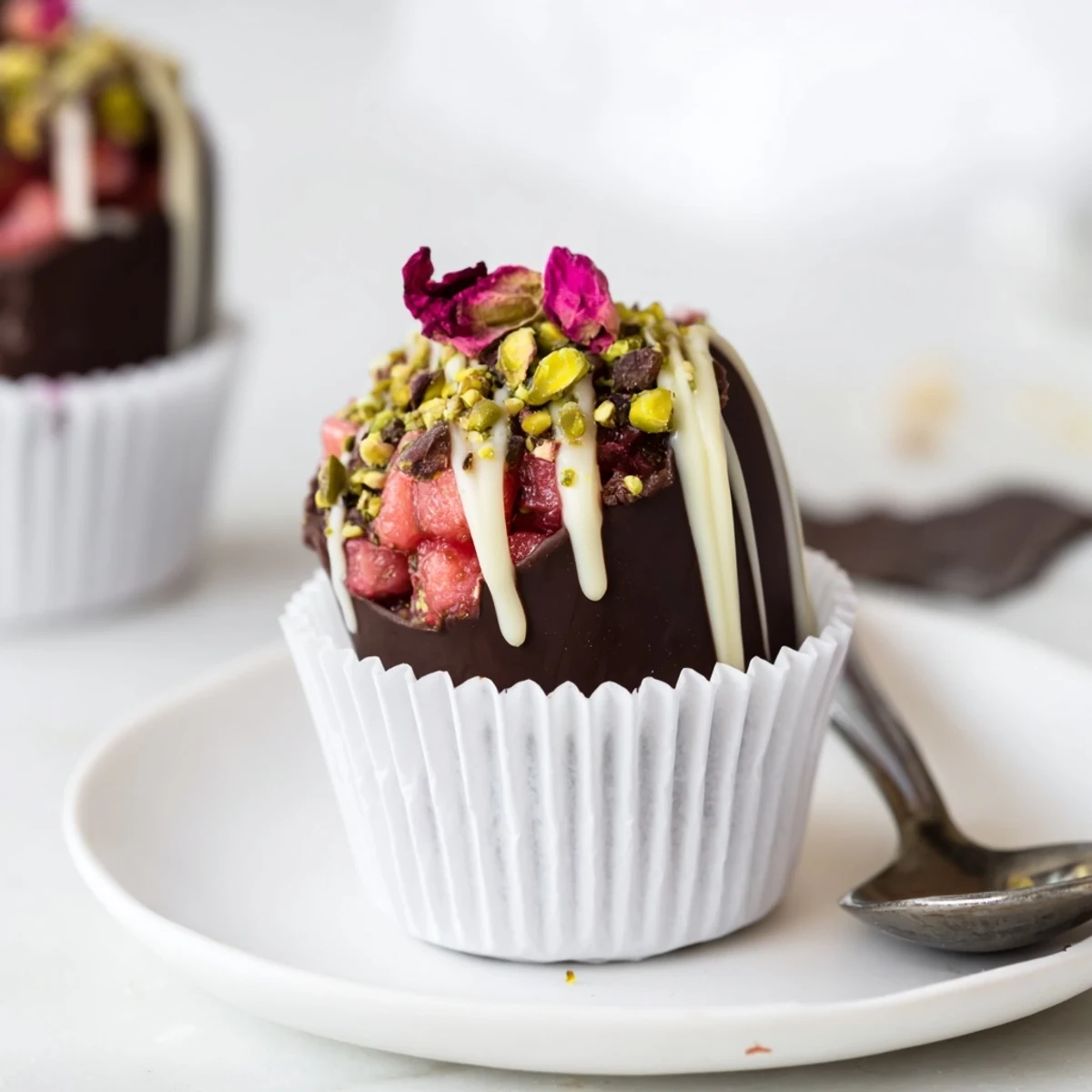 Dark chocolate cups filled with sweet strawberries and honey in this elegant Middle Eastern dessert