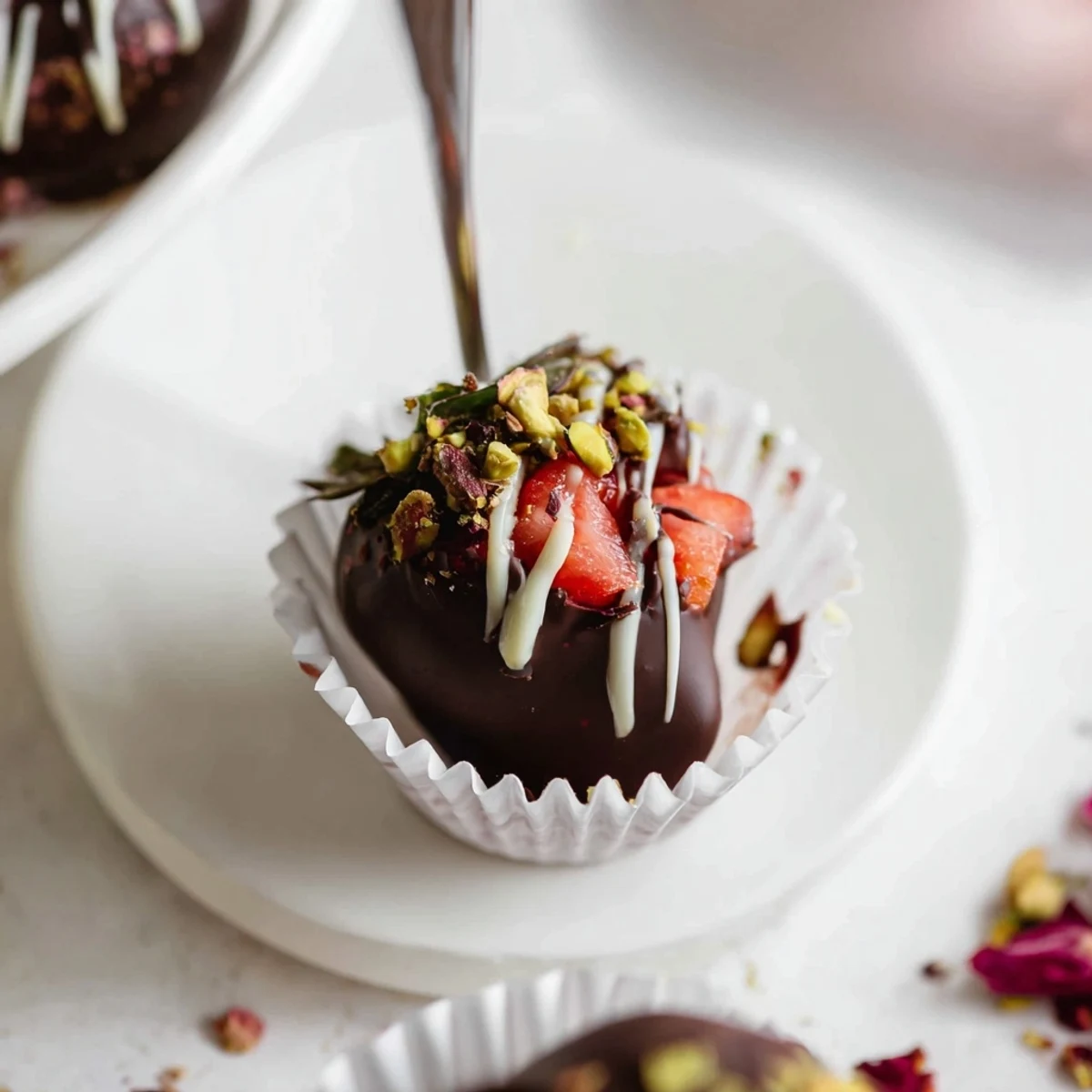 Silky chocolate covered strawberry cups sprinkled with chopped pistachios for an indulgent gluten-free treat