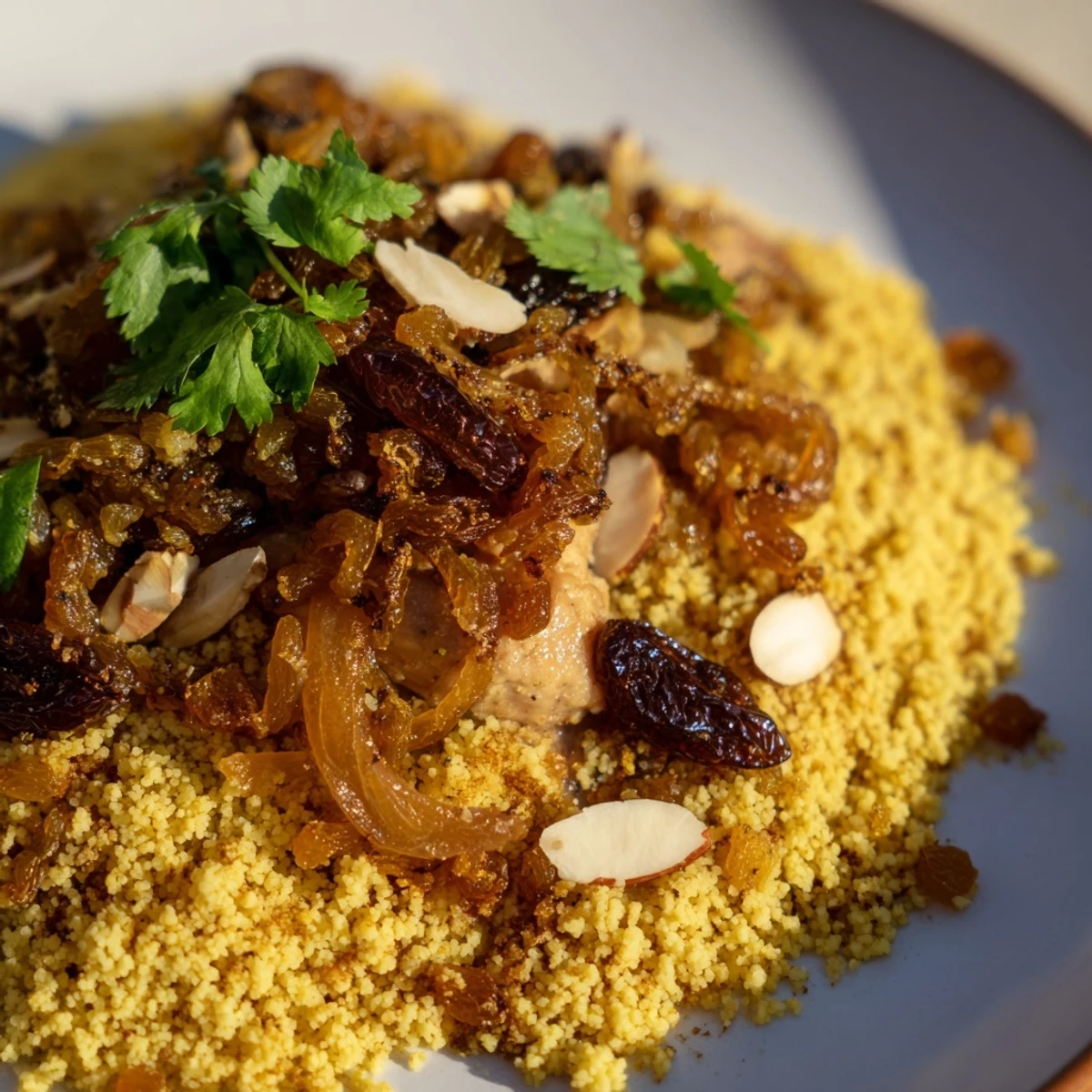 Heaping platter of Moroccan Couscous Tfaya garnished with sweet onions and tender chicken pieces