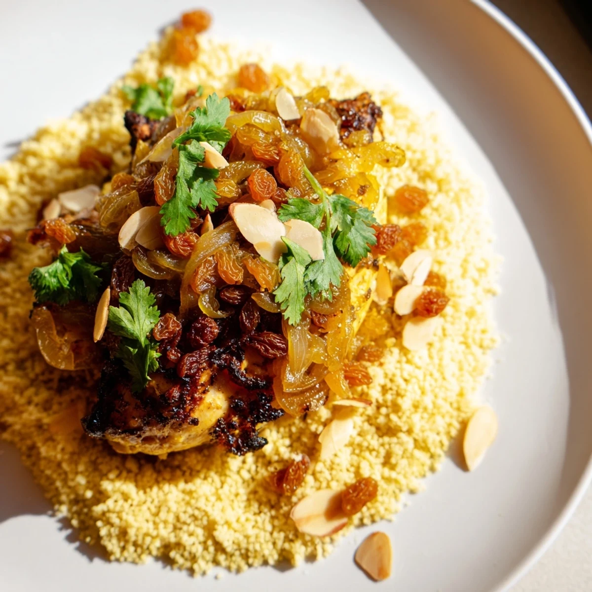 Golden fluffy Moroccan Couscous Tfaya topped with caramelized onions, raisins, and toasted almonds