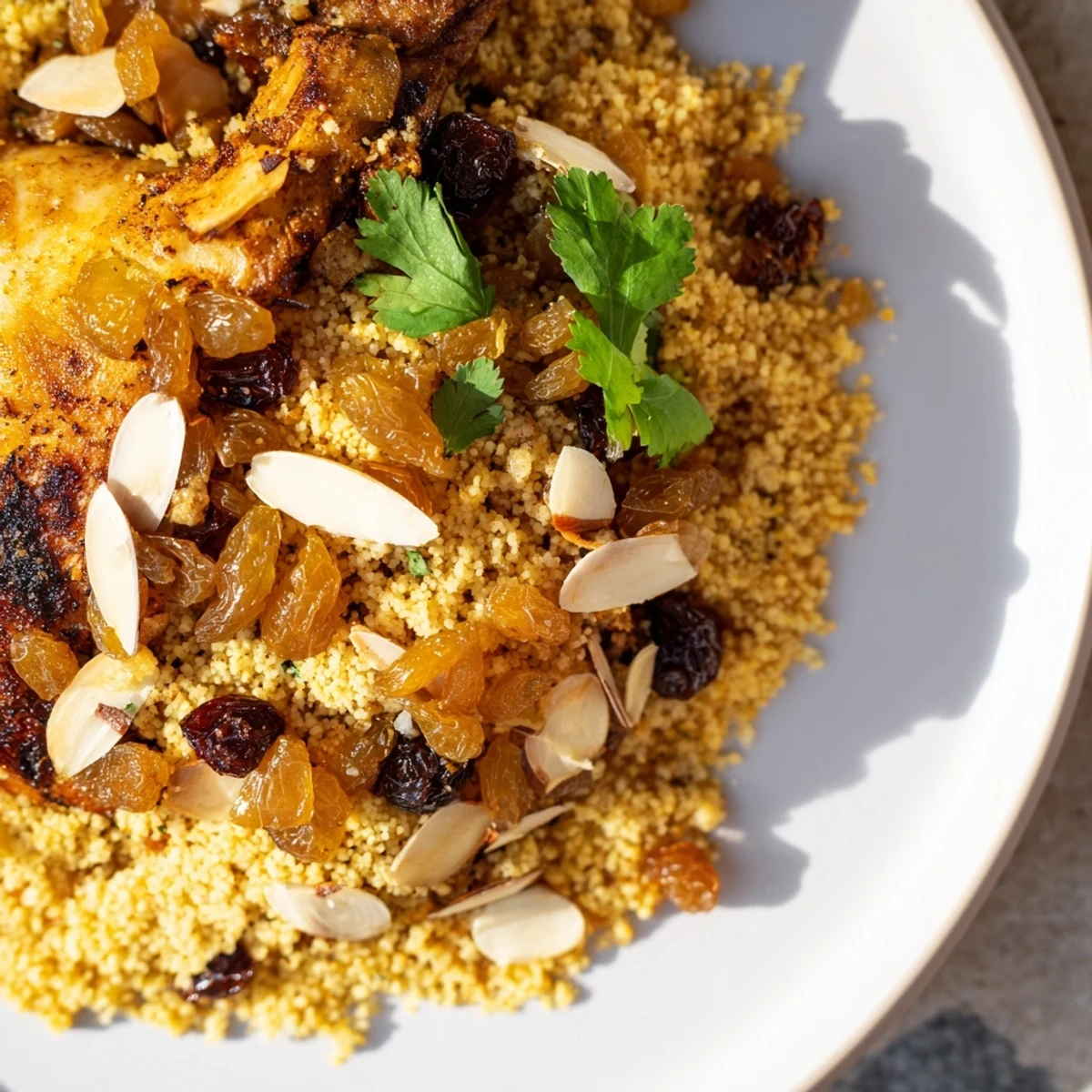 Steaming Moroccan Couscous Tfaya served with spiced chicken, honeyed raisins, and crunchy slivered almonds