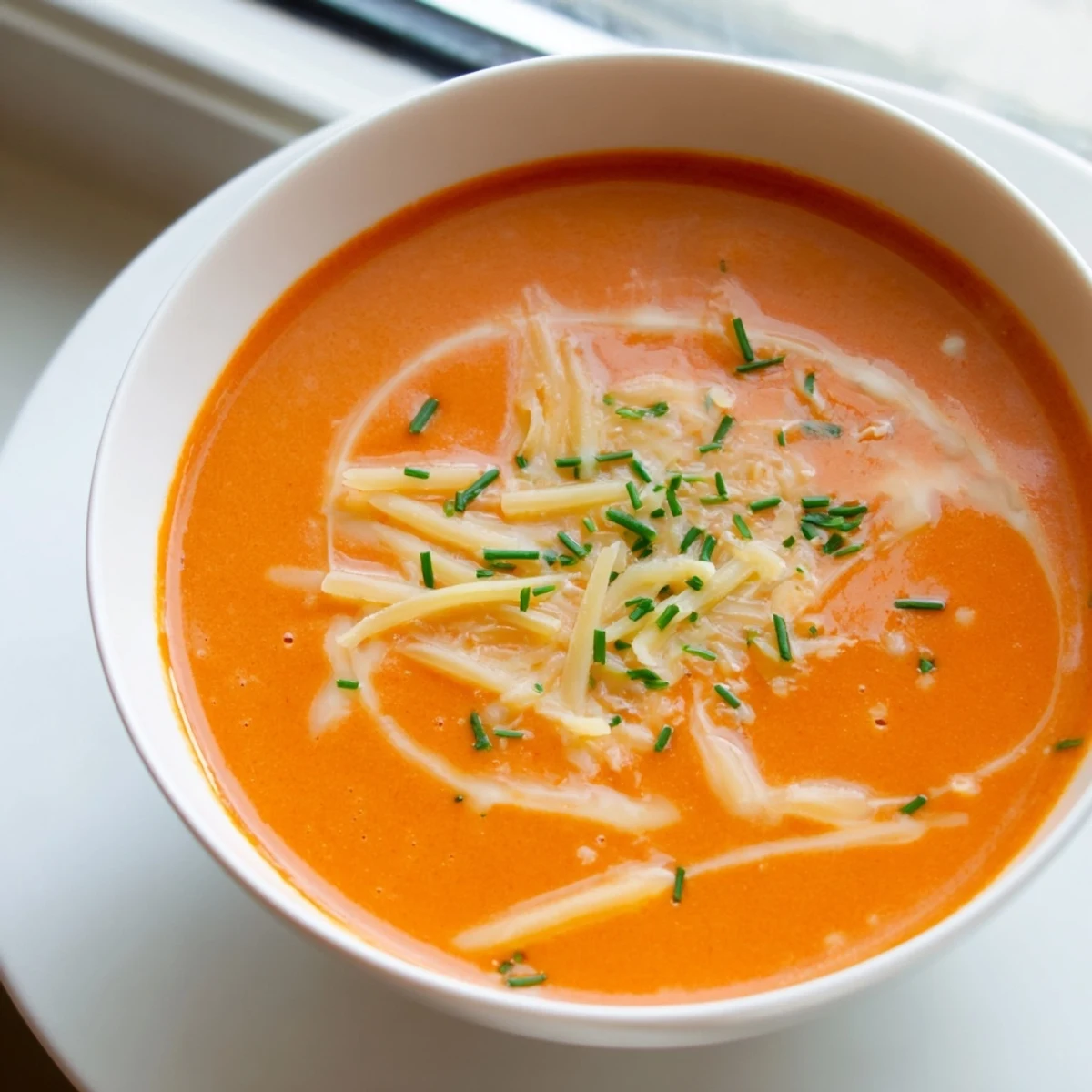 Creamy roasted red pepper Gouda soup garnished with fresh chives and melted cheese shreds