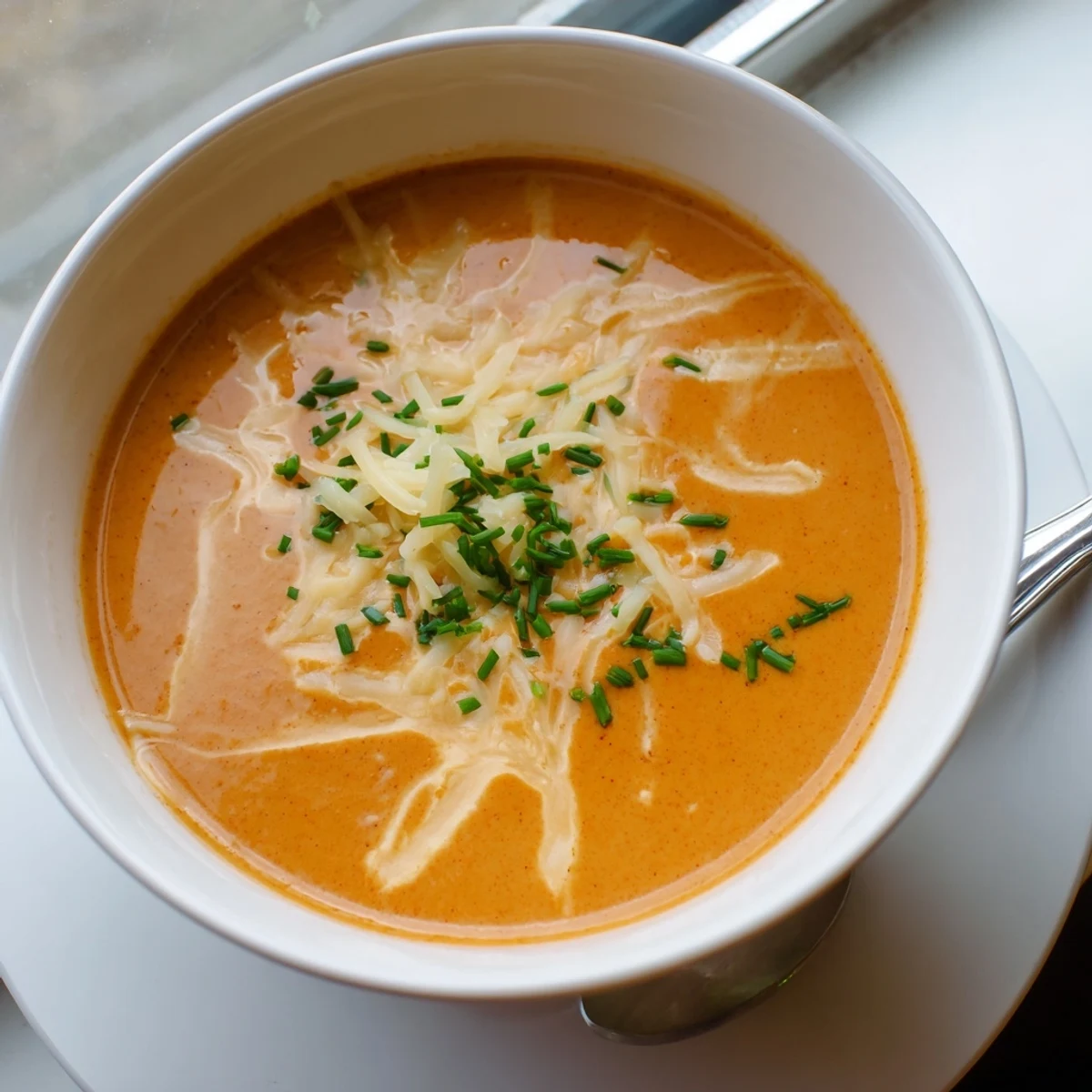 Velvety red pepper and Gouda soup served in rustic bowls with crusty bread on the side