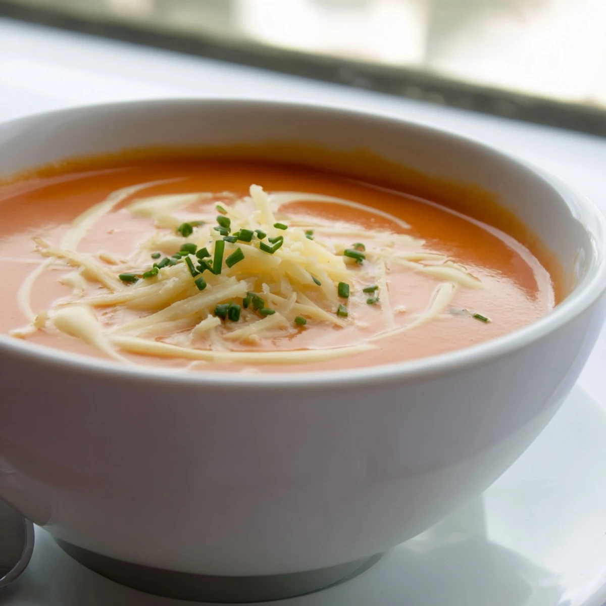Smooth roasted red pepper soup with shredded Gouda and parsley sprinkled over the steaming surface