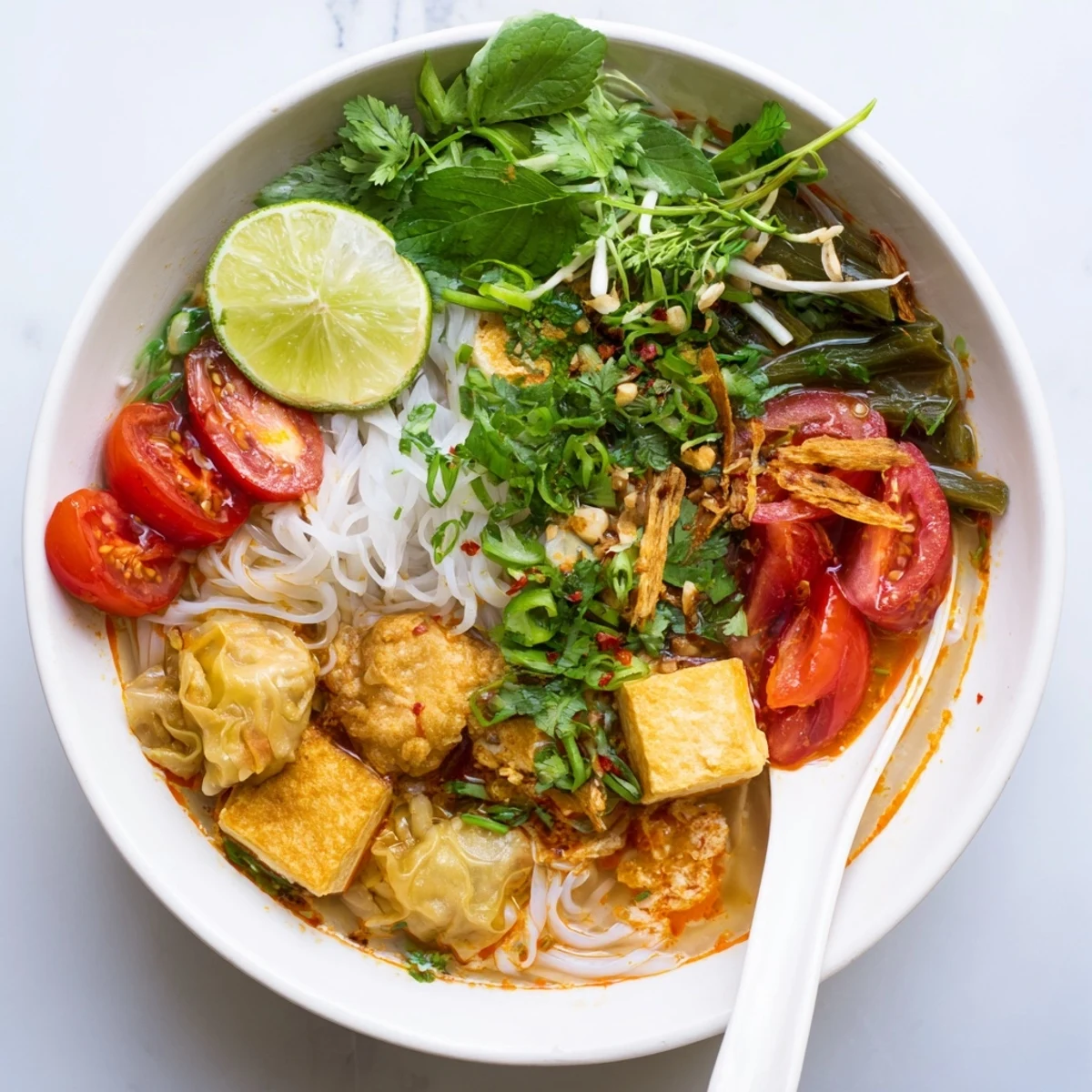 Steaming bowl of Bun Rieu Crab Noodle Soup featuring fluffy crab egg dumplings, tomatoes, and tofu over rice vermicelli