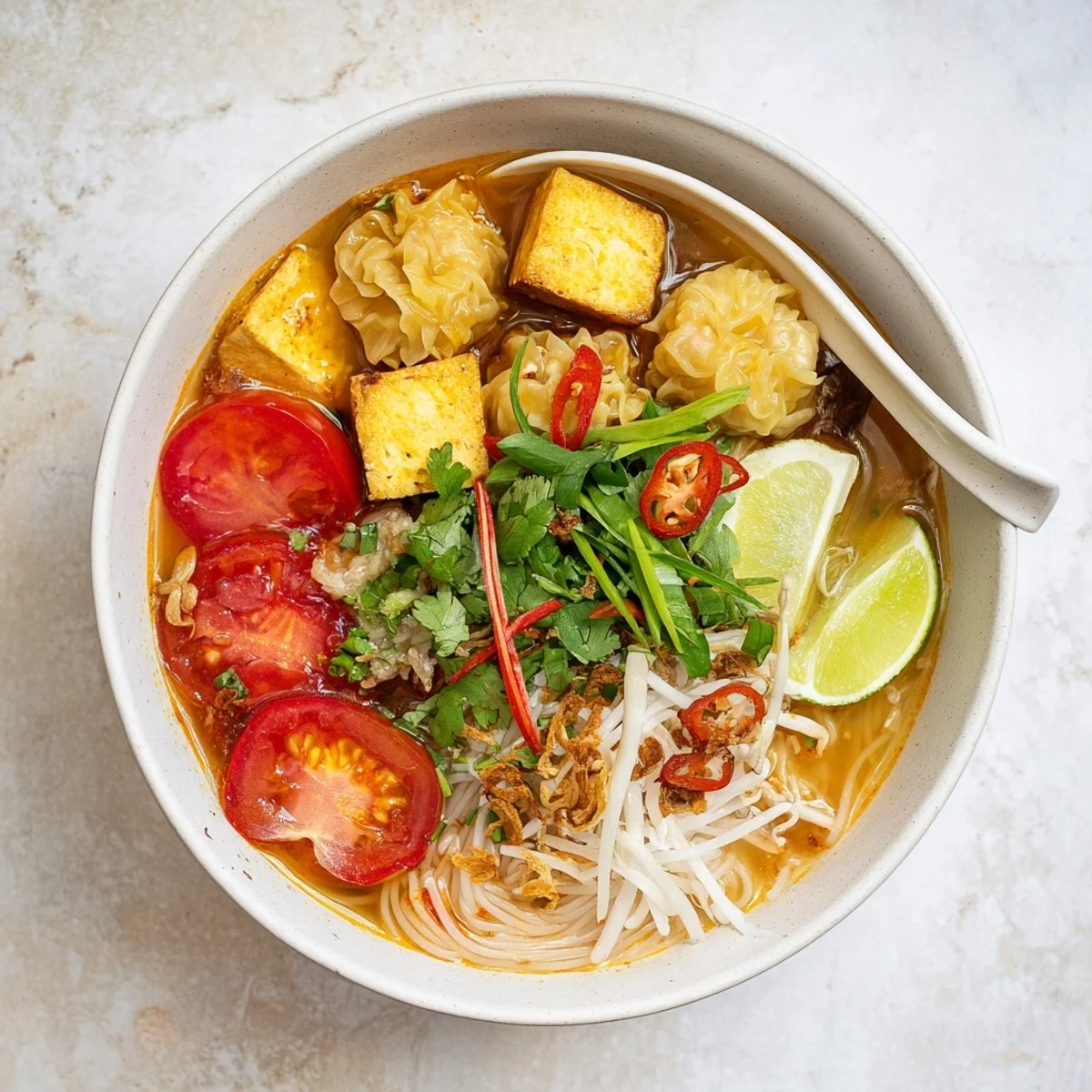 Golden Vietnamese Bun Rieu Crab Noodle Soup topped with fresh herbs, bean sprouts, and lime wedges in a red-stained broth