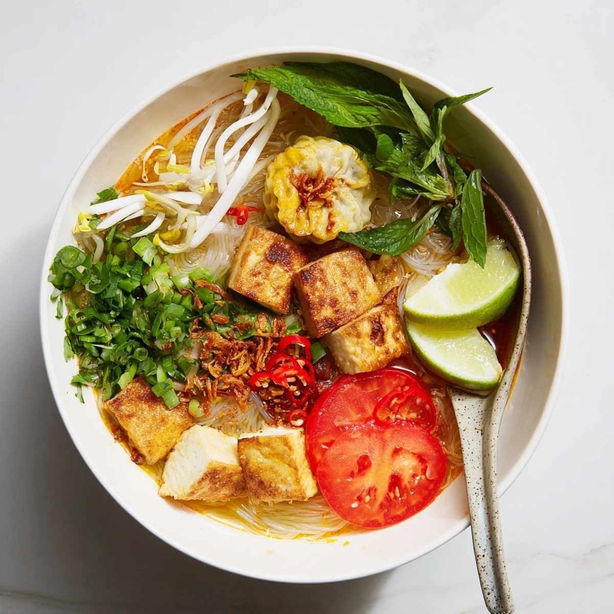 Rustic Vietnamese Bun Rieu Crab Noodle Soup garnished with perilla, cilantro, and sliced chili peppers for authentic flavor