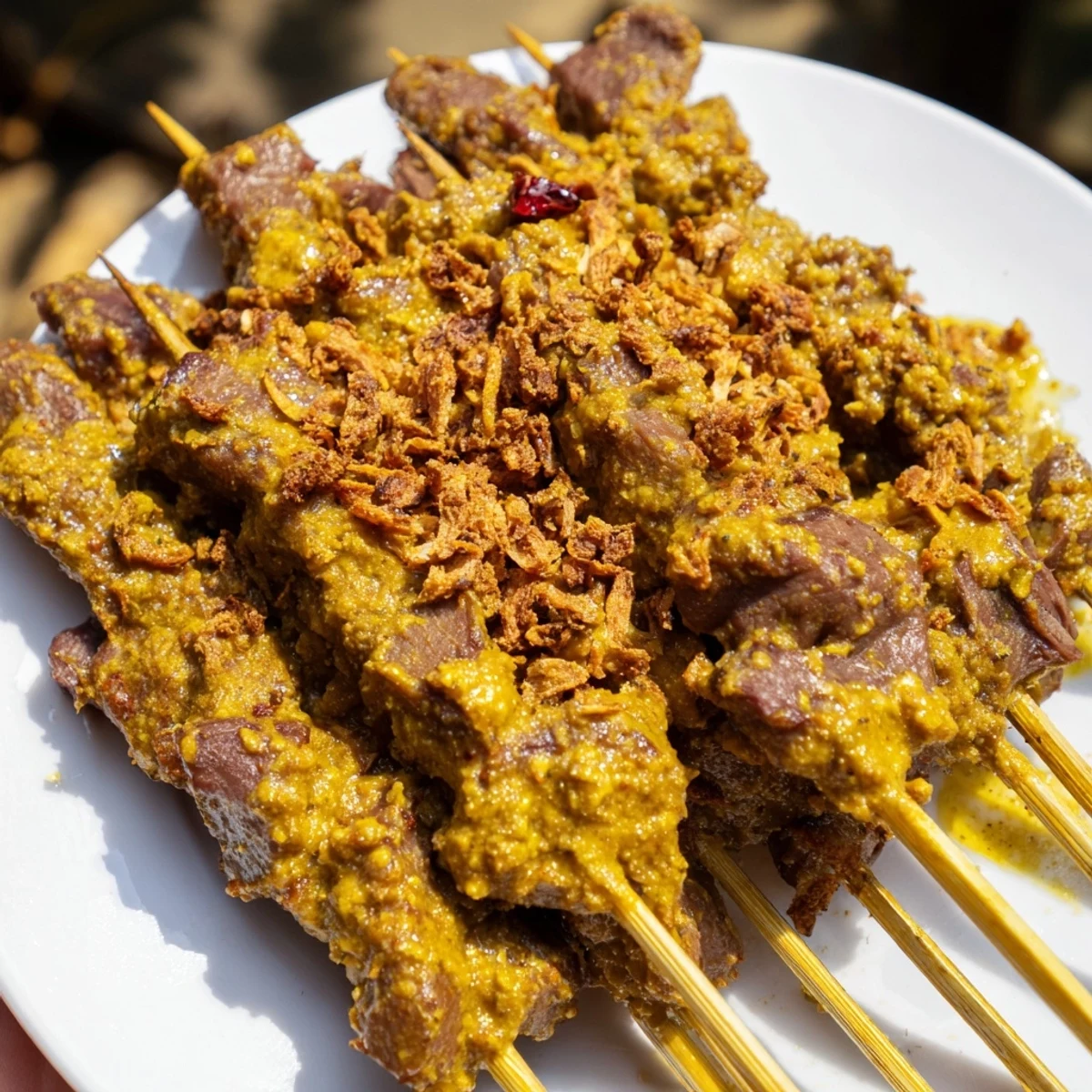 Charcoal-grilled Sate Padang beef skewers drizzled with thick aromatic golden curry sauce and fried shallots