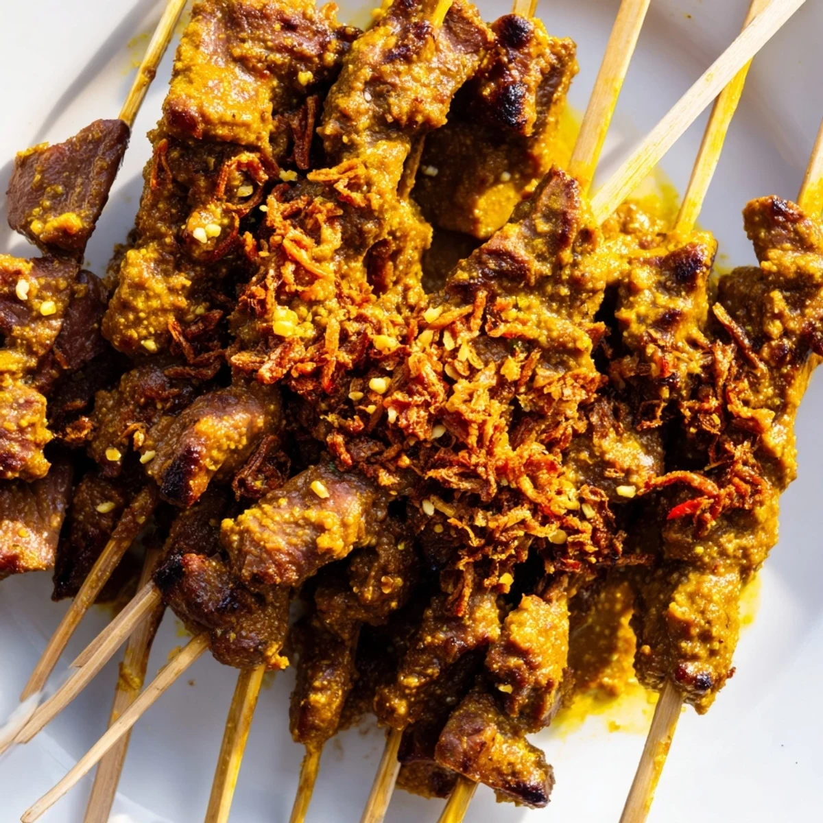 Tender Indonesian Sate Padang beef skewers grilled to perfection with rich, spicy turmeric sauce