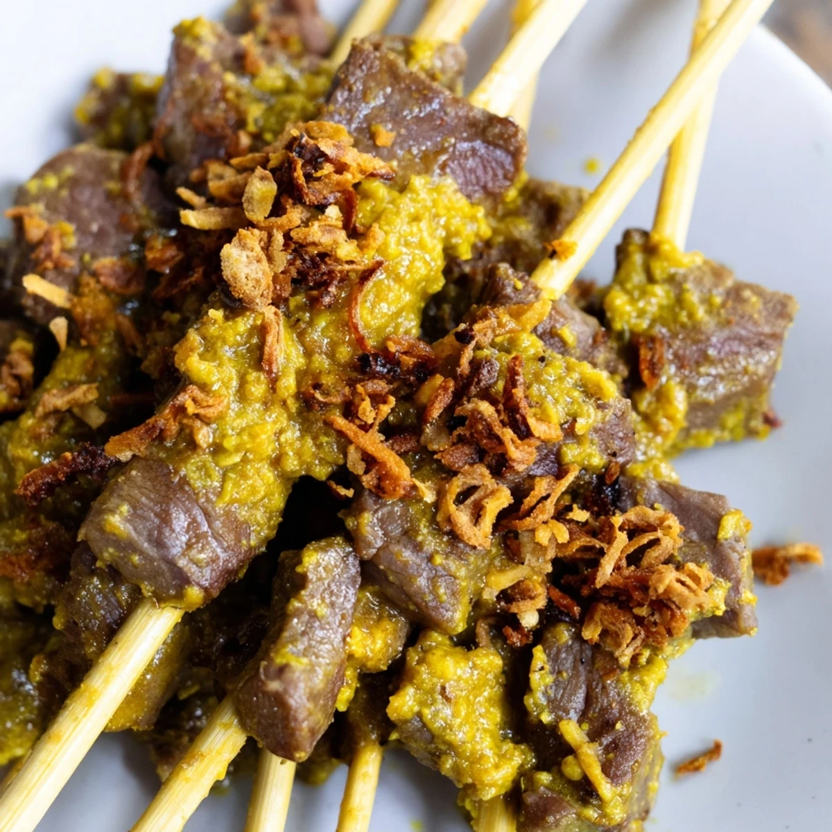 Plate of Sate Padang beef skewers smothered in creamy spiced sauce served with sliced rice cakes