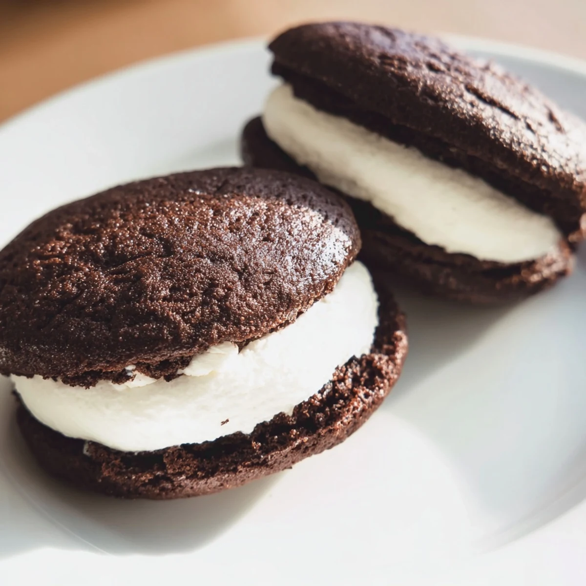 Soft chocolate whoopie pies filled with fluffy white marshmallow cream on a white plate