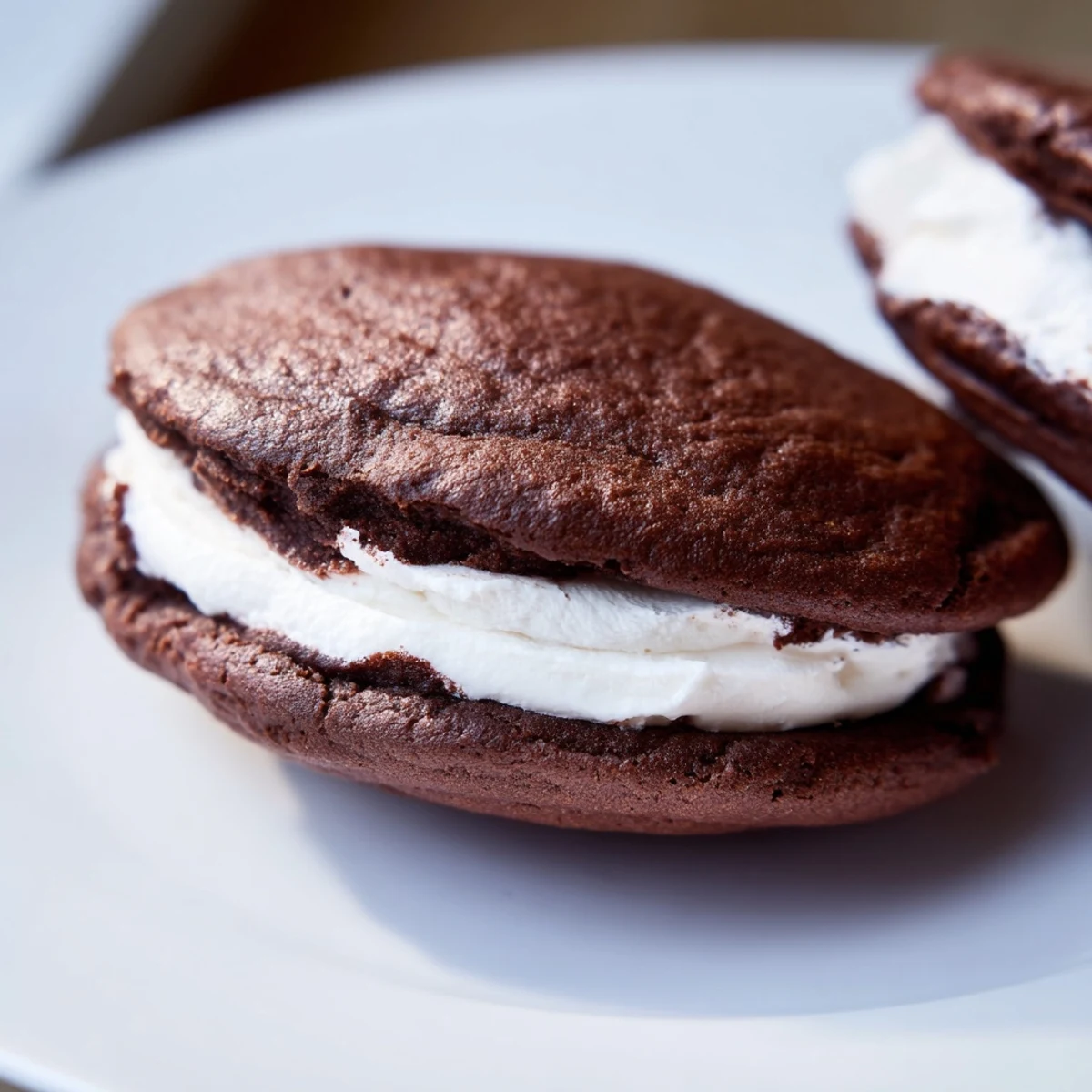 Homemade whoopie pies featuring dark cocoa cookies sandwiching sweet marshmallow frosting