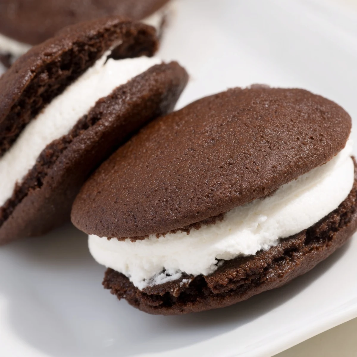 Classic American chocolate whoopie pies with pillowy marshmallow filling, ready for dessert
