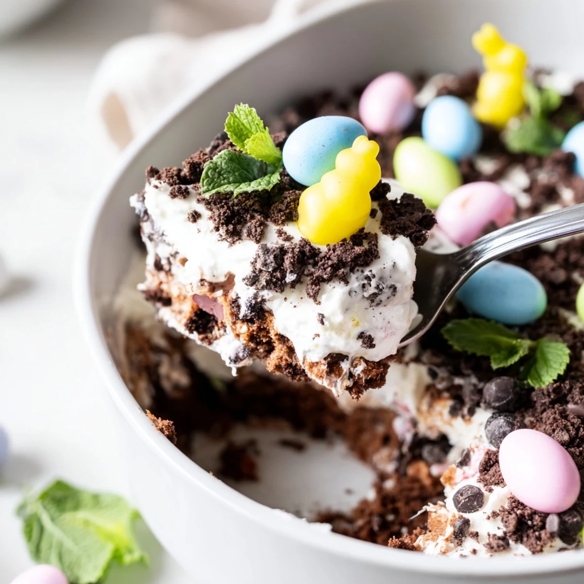 Golden Easter dirt cake casserole topped with colorful pastel eggs and mint sprigs