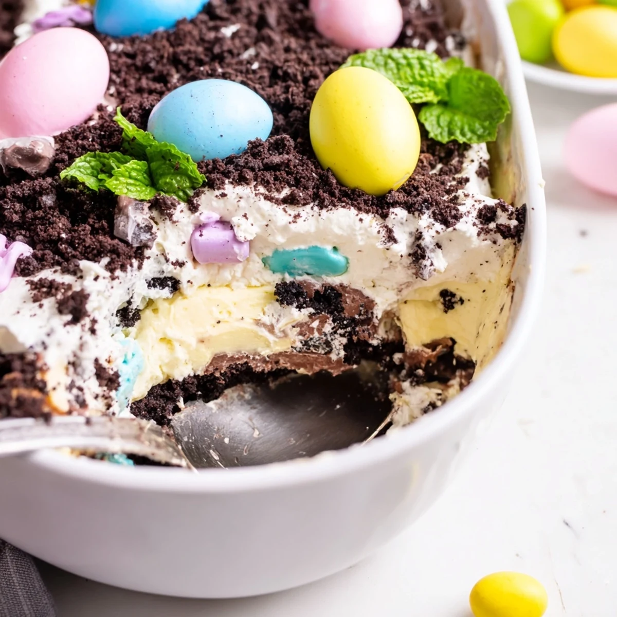 Layered chocolate dessert casserole with creamy vanilla pudding and crushed cookie crumbs