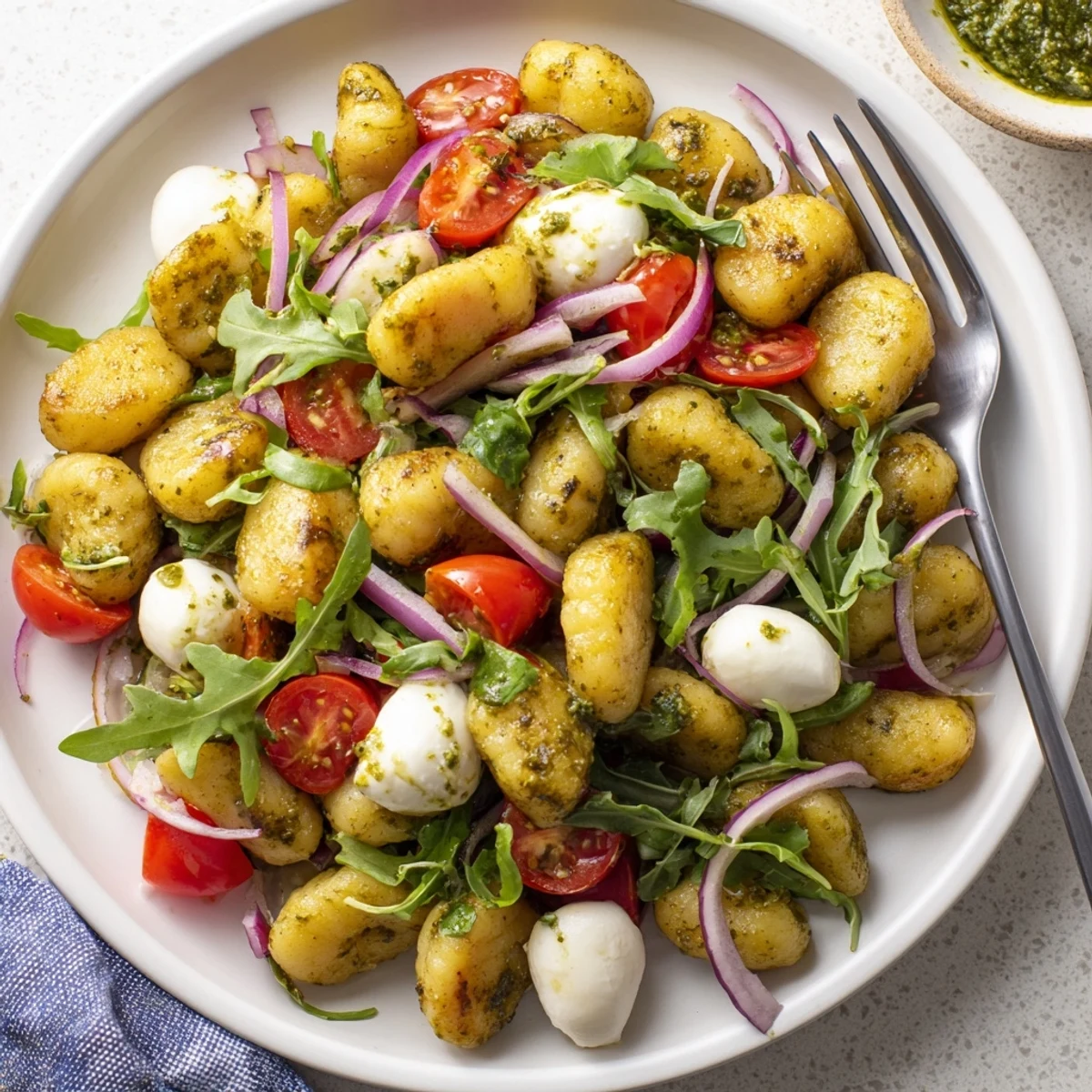 Warm pesto roasted gnocchi bowl featuring melted mozzarella and fresh cherry tomatoes